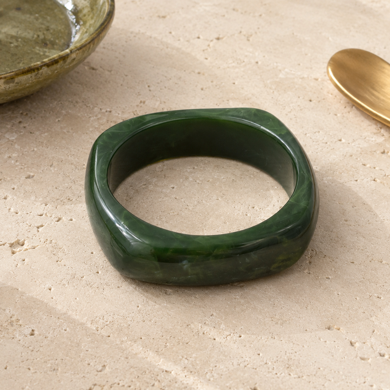 Dark Green Marbled Chunky Geometric Resin Bangle Bracelet for Women