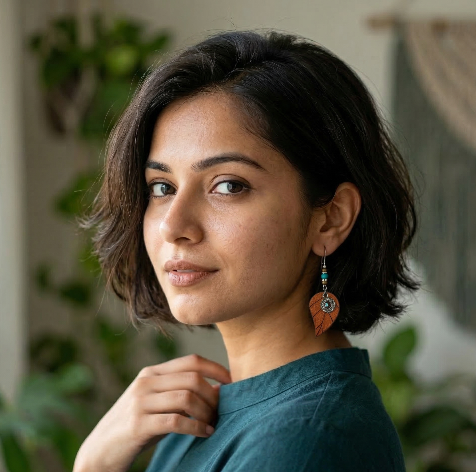 Bohemian Wooden Leaf Drop Earrings Silver Tone