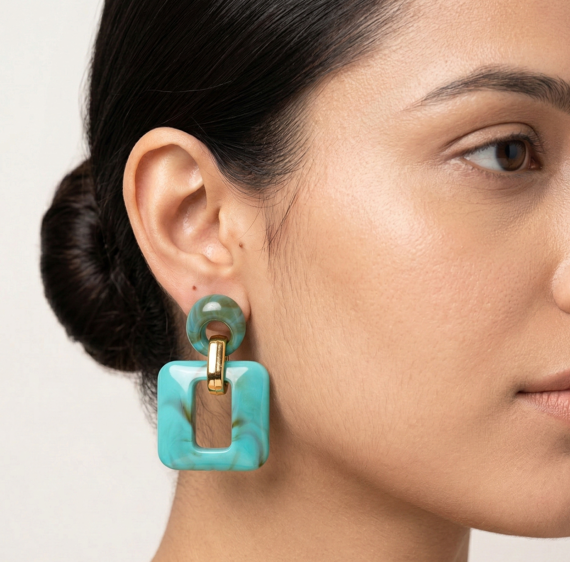 Turquoise Acrylic Geometric Dangle Earrings Gold Tone Studs