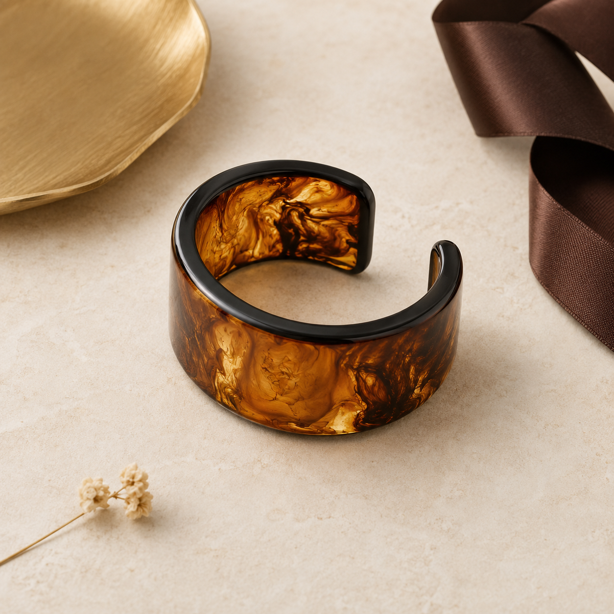 Amber Resin Wide Open Cuff Bangle Bracelet for Women