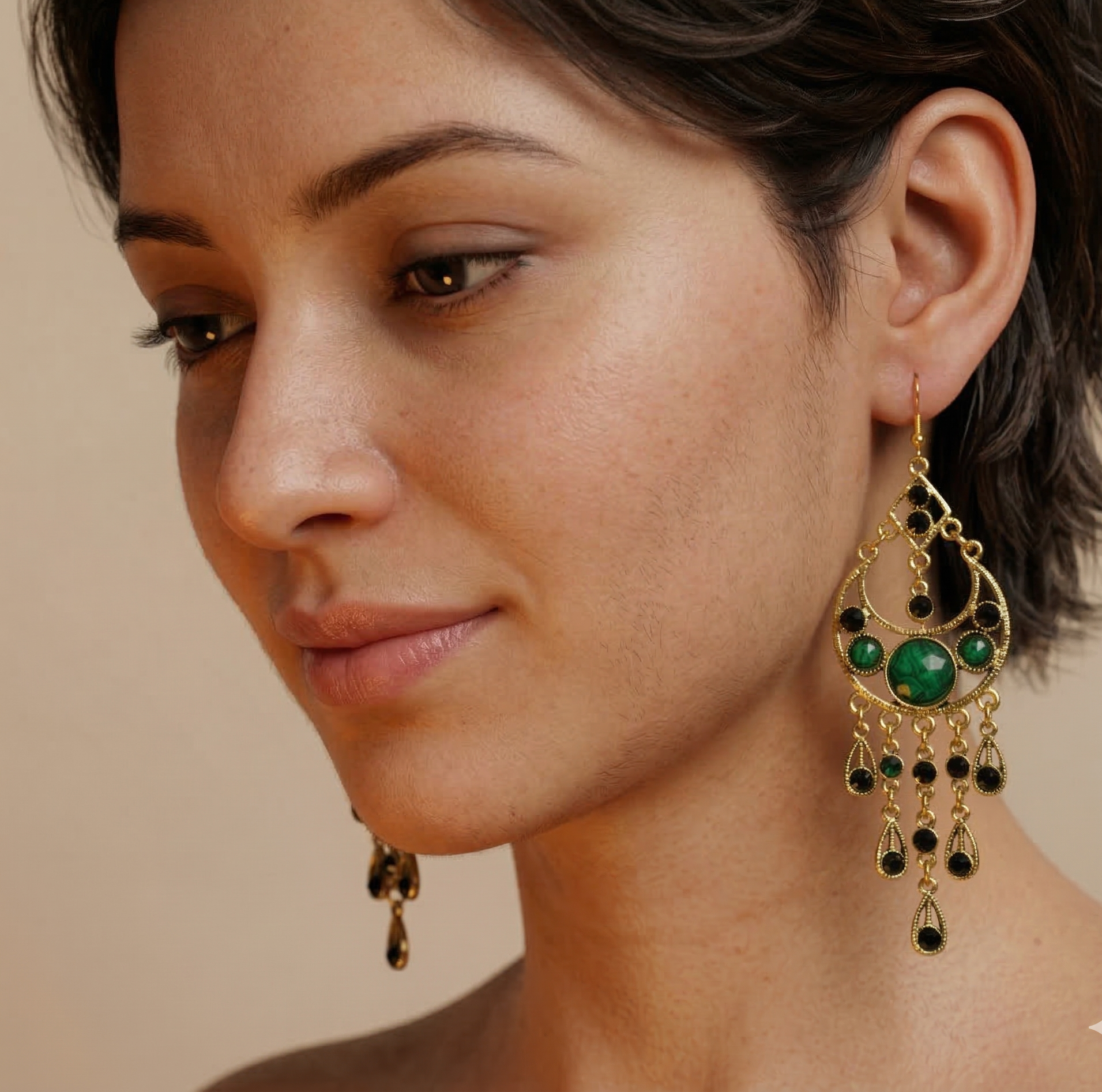 Bohemian Green Stone Tassel Earrings Gold Tone Alloy