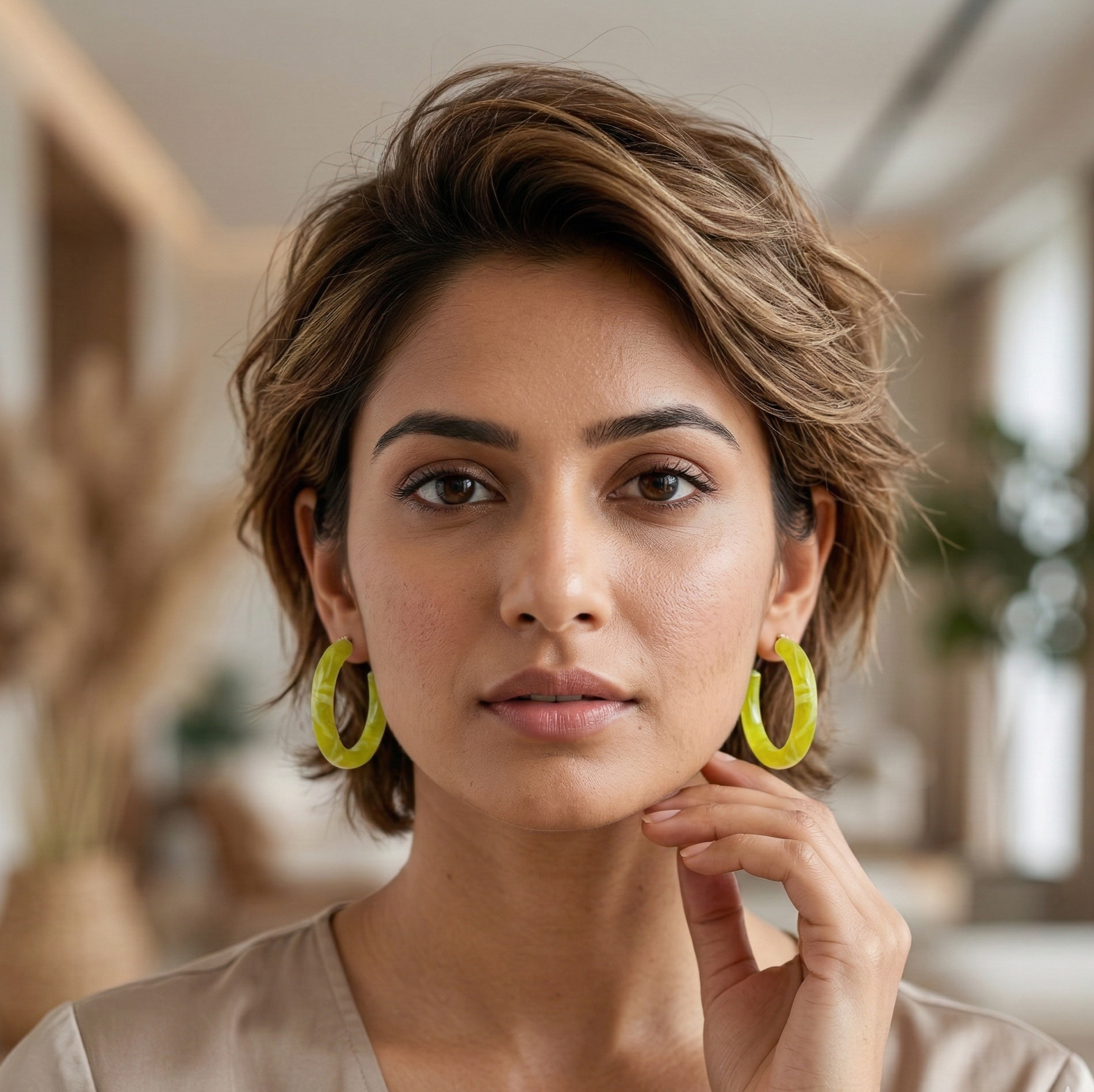 Lime Green Marbled C Hoop Earrings