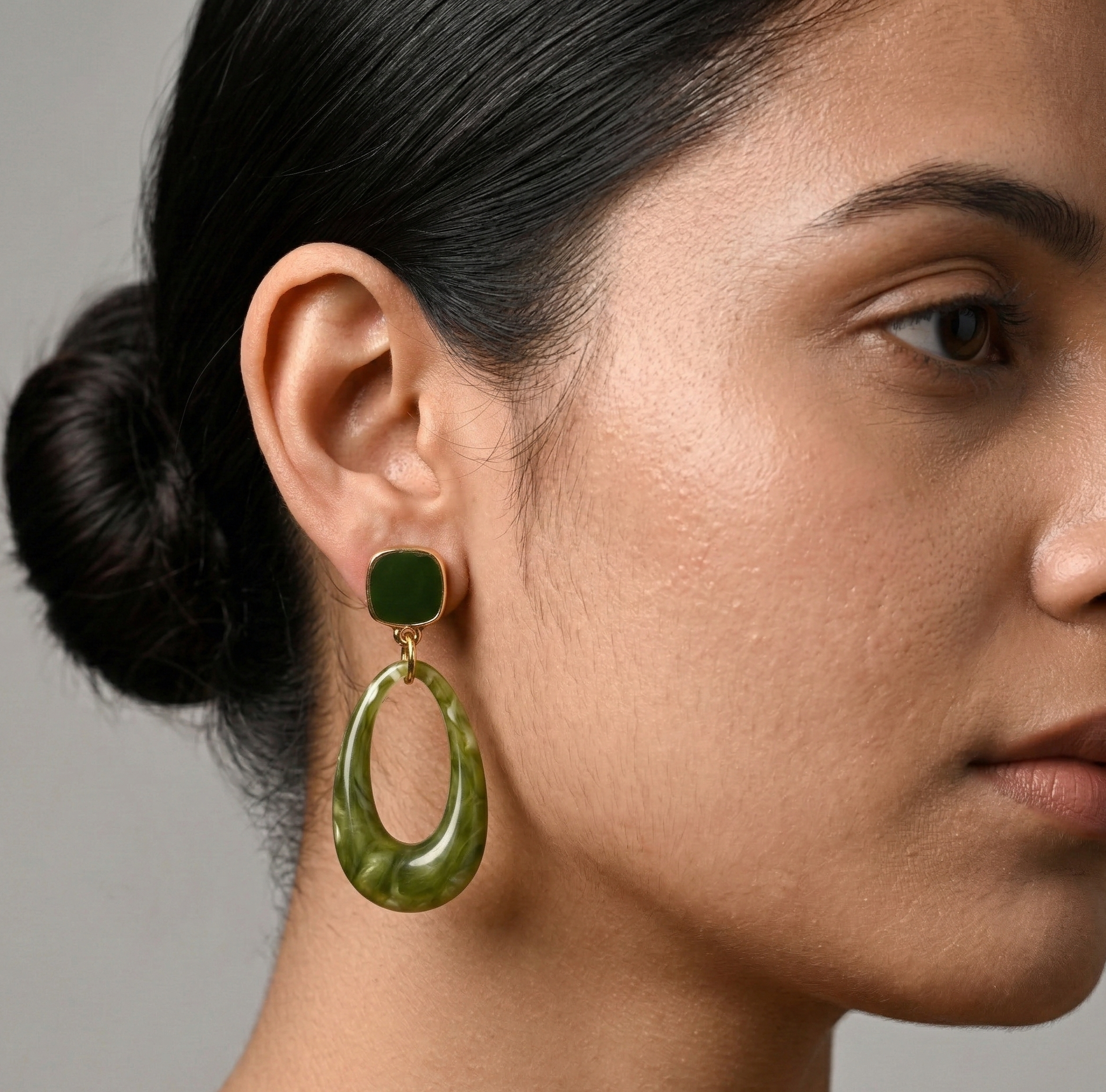 Olive Green Resin Open Teardrop Drop Earrings Gold Tone Detail