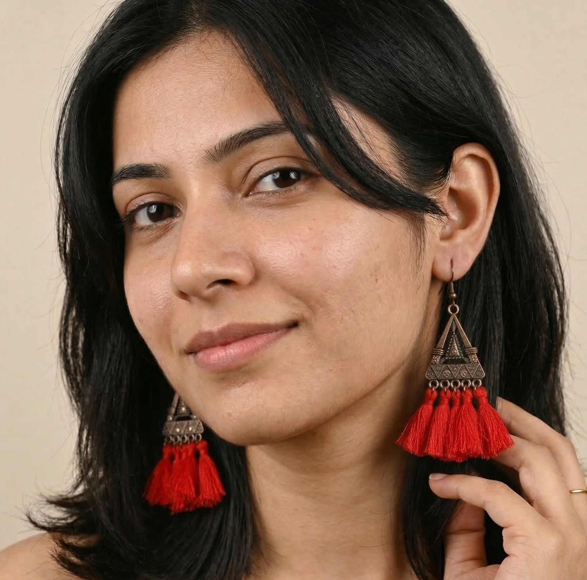 Retro Triangle Red Tassel Earrings for Women