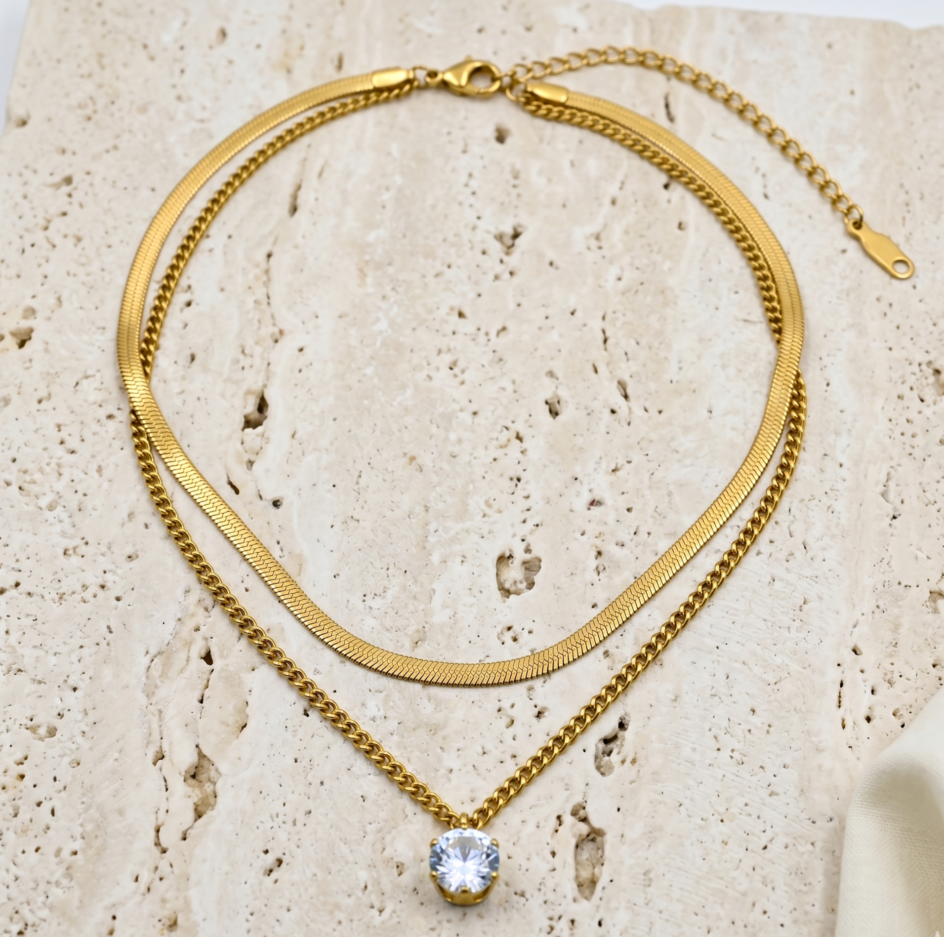 18K Gold Layered Snake Chain Zircon Pendant Necklace for Women