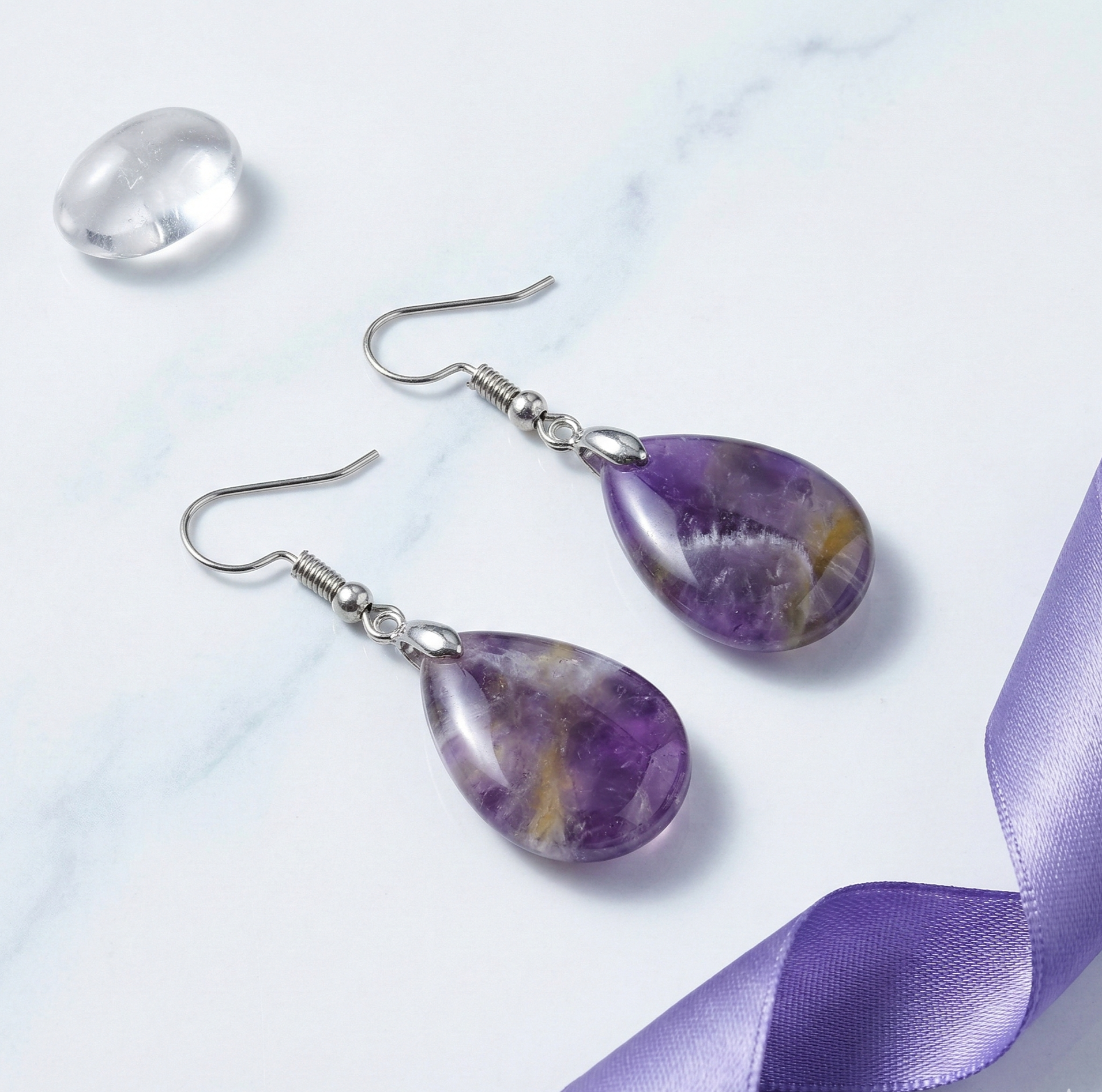 Amethyst Teardrop Dangle Earrings Silver Tone