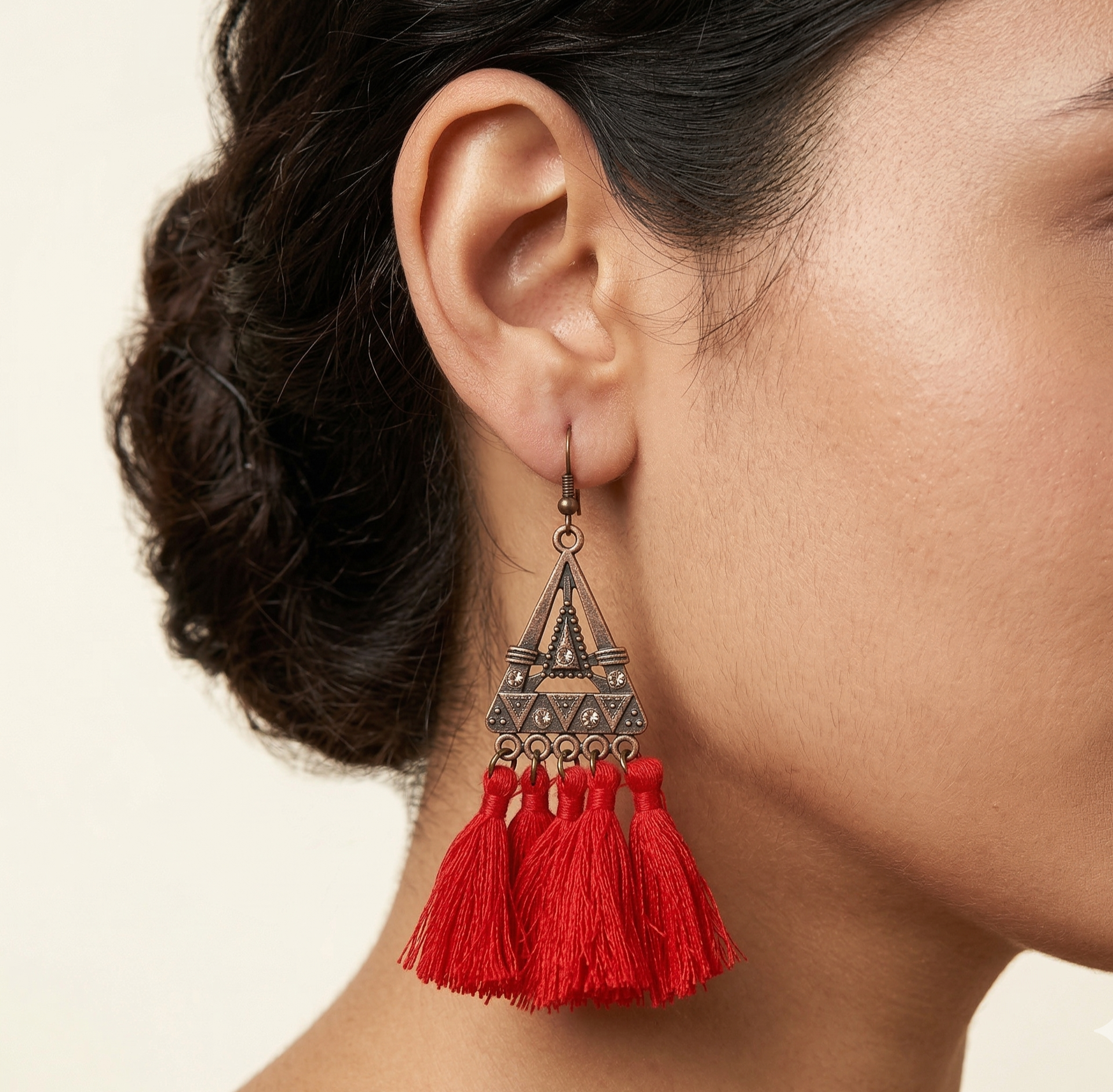 Retro Triangle Red Tassel Earrings for Women