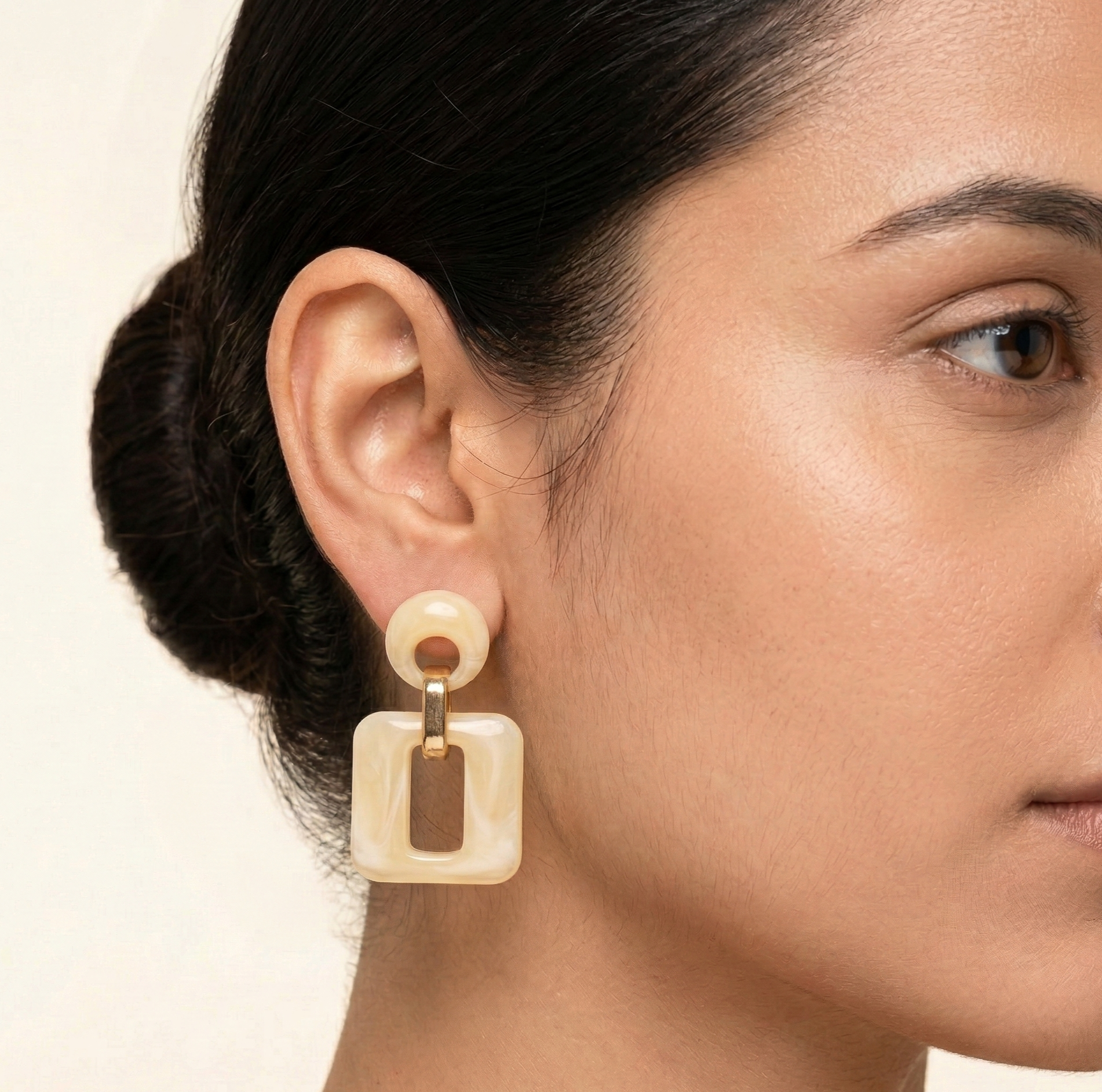 Cream Resin Open Square Drop Earrings Gold Tone Detail