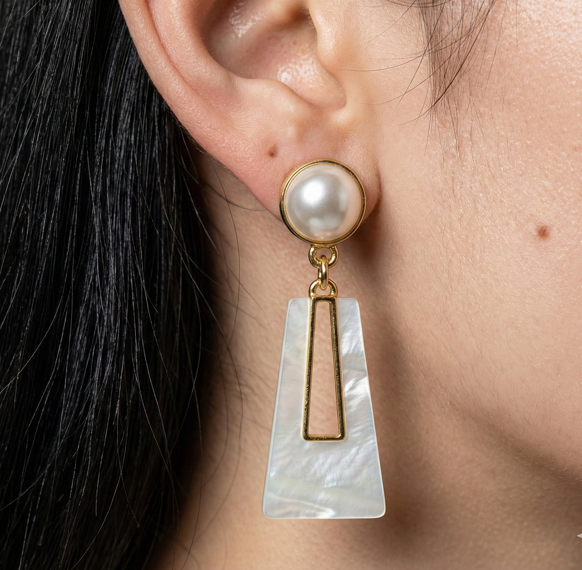 Pearl and White Geometric Drop Earrings Gold Tone Detail
