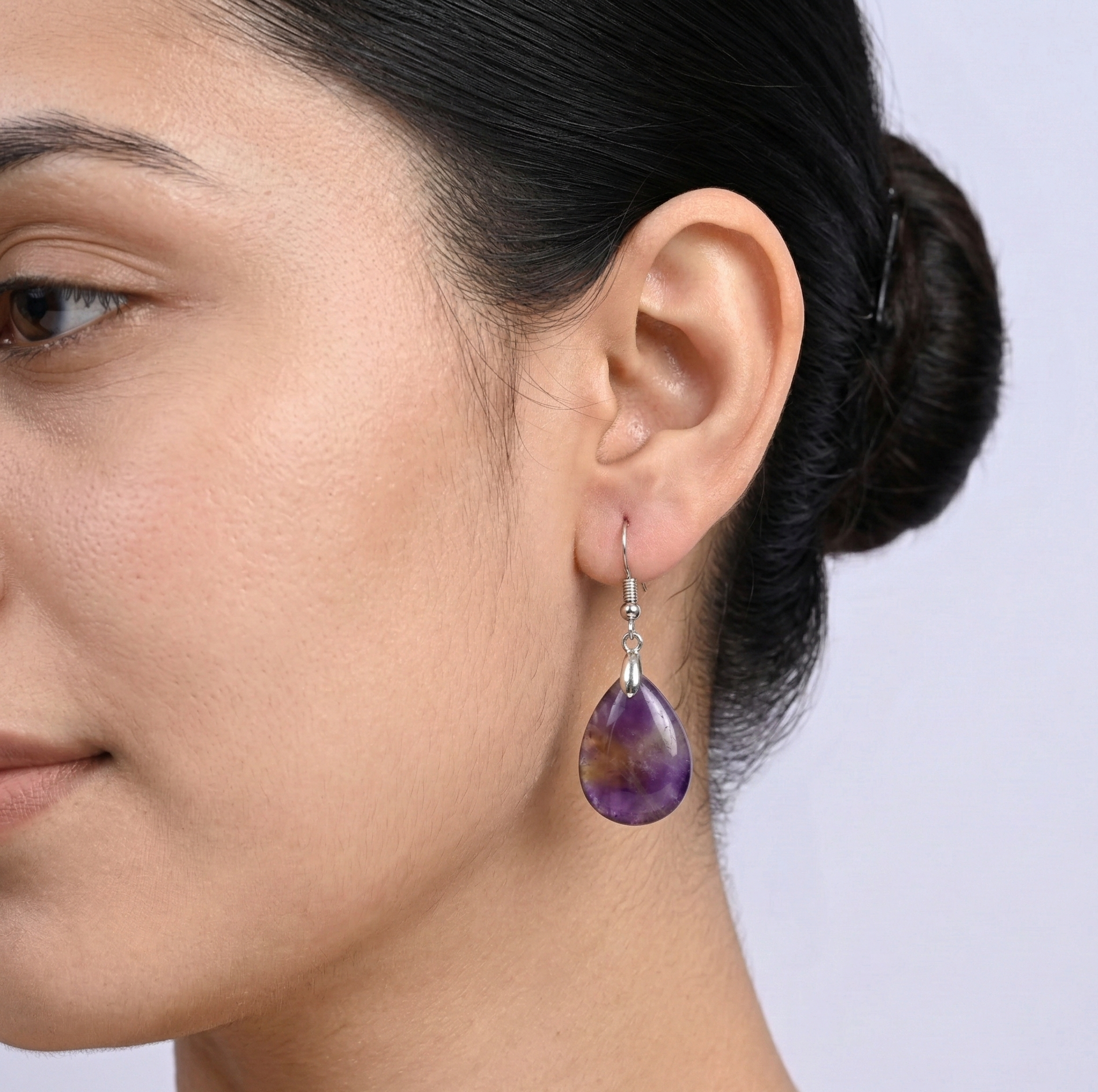 Amethyst Teardrop Dangle Earrings Silver Tone