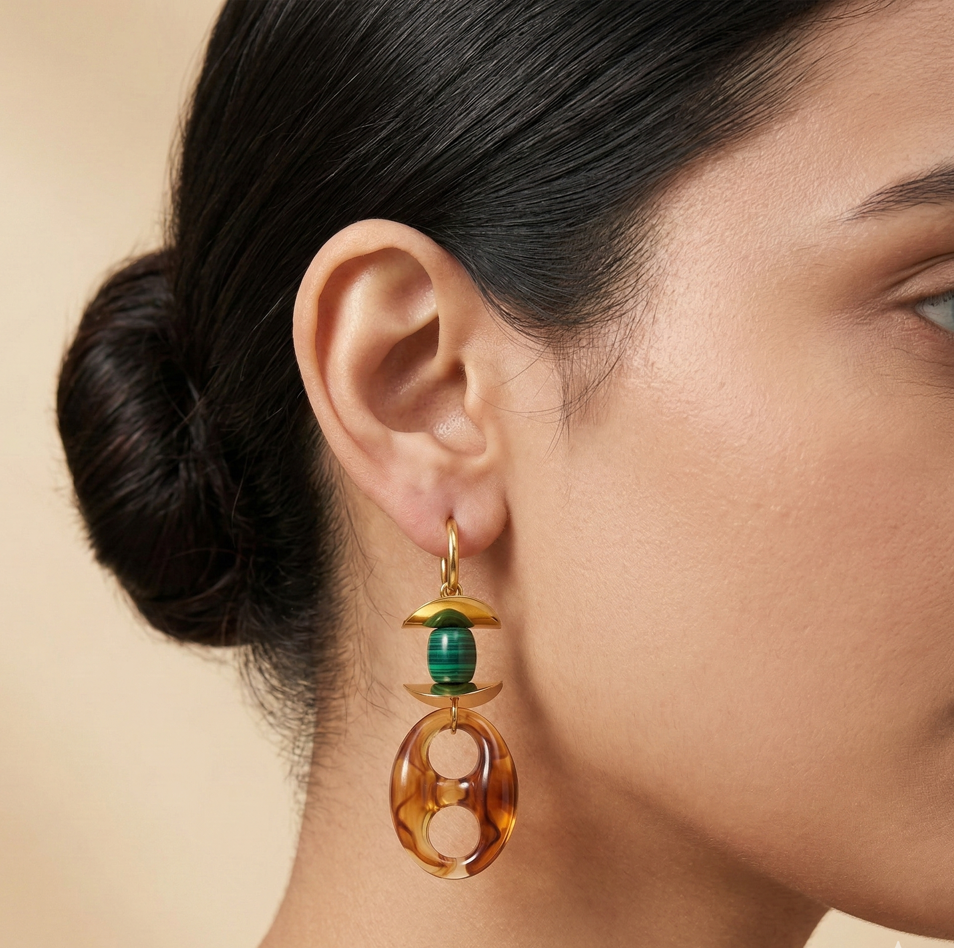 Gold Plated Resin Drop Earrings with Green Stone Bead and Stainless Steel