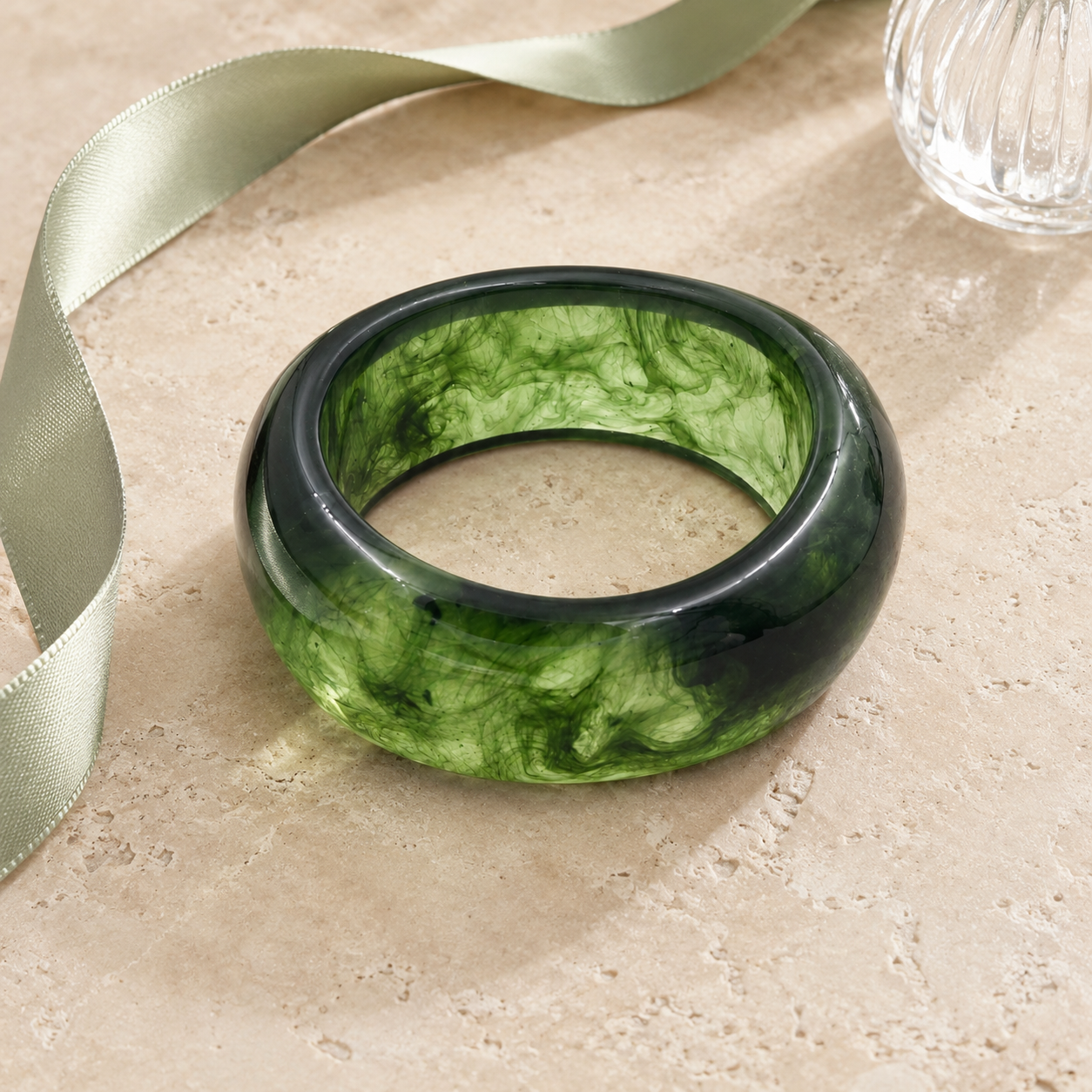 Forest Green Wide Marbled Resin Bangle Bracelet for Women