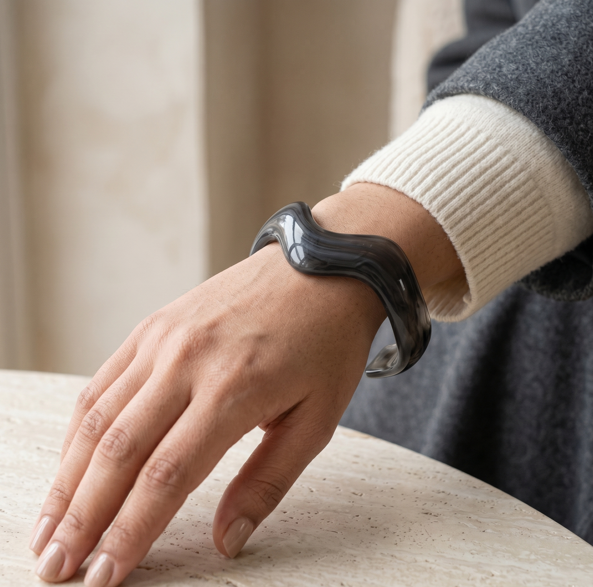 Smoky Grey Marble Wave Resin Open Cuff Bracelet for Women