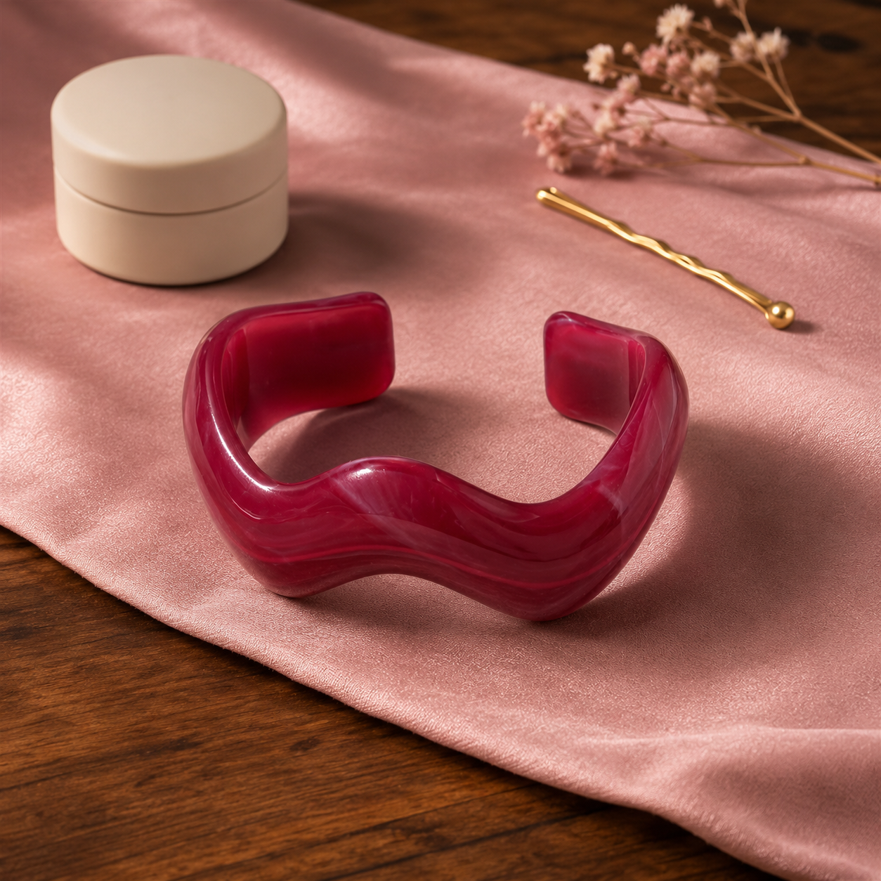 Berry Red Marble Wave Resin Open Cuff Bracelet for Women