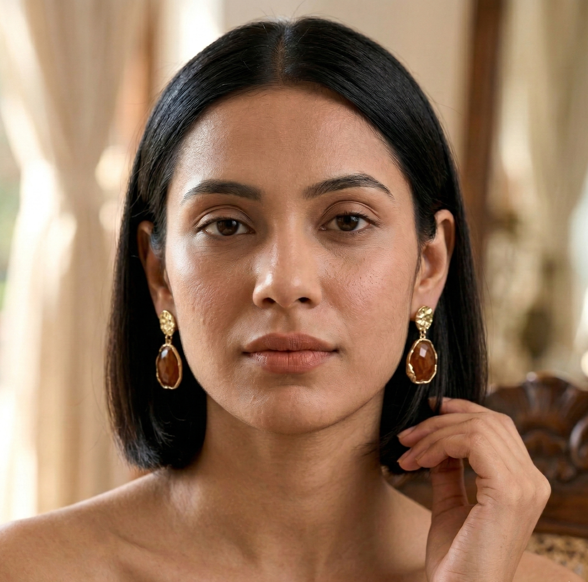Amber Resin Statement Drop Earrings with Textured Gold Tone Studs