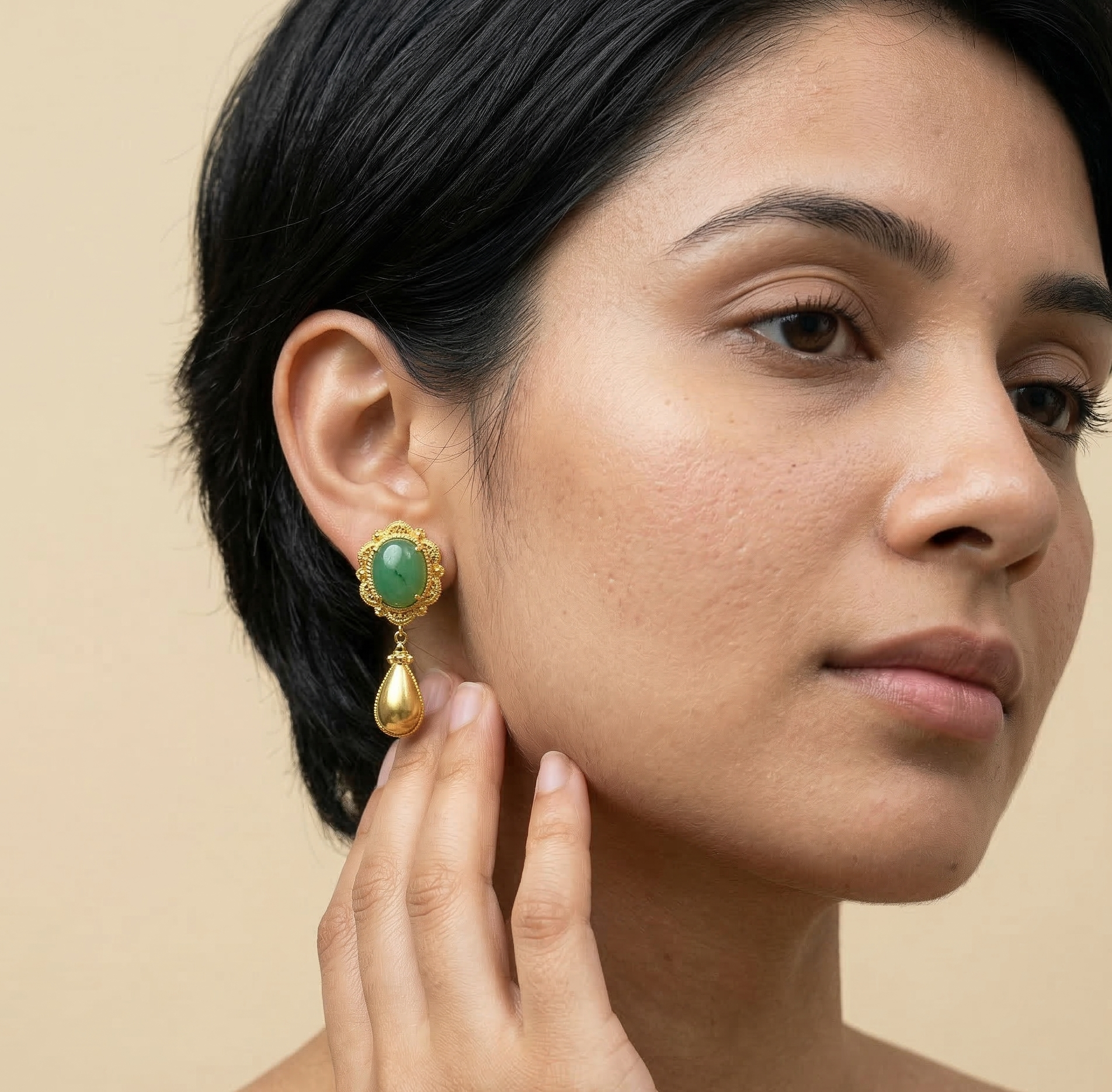 Green Stone Drop Earrings 18K Gold Plated Stainless Steel