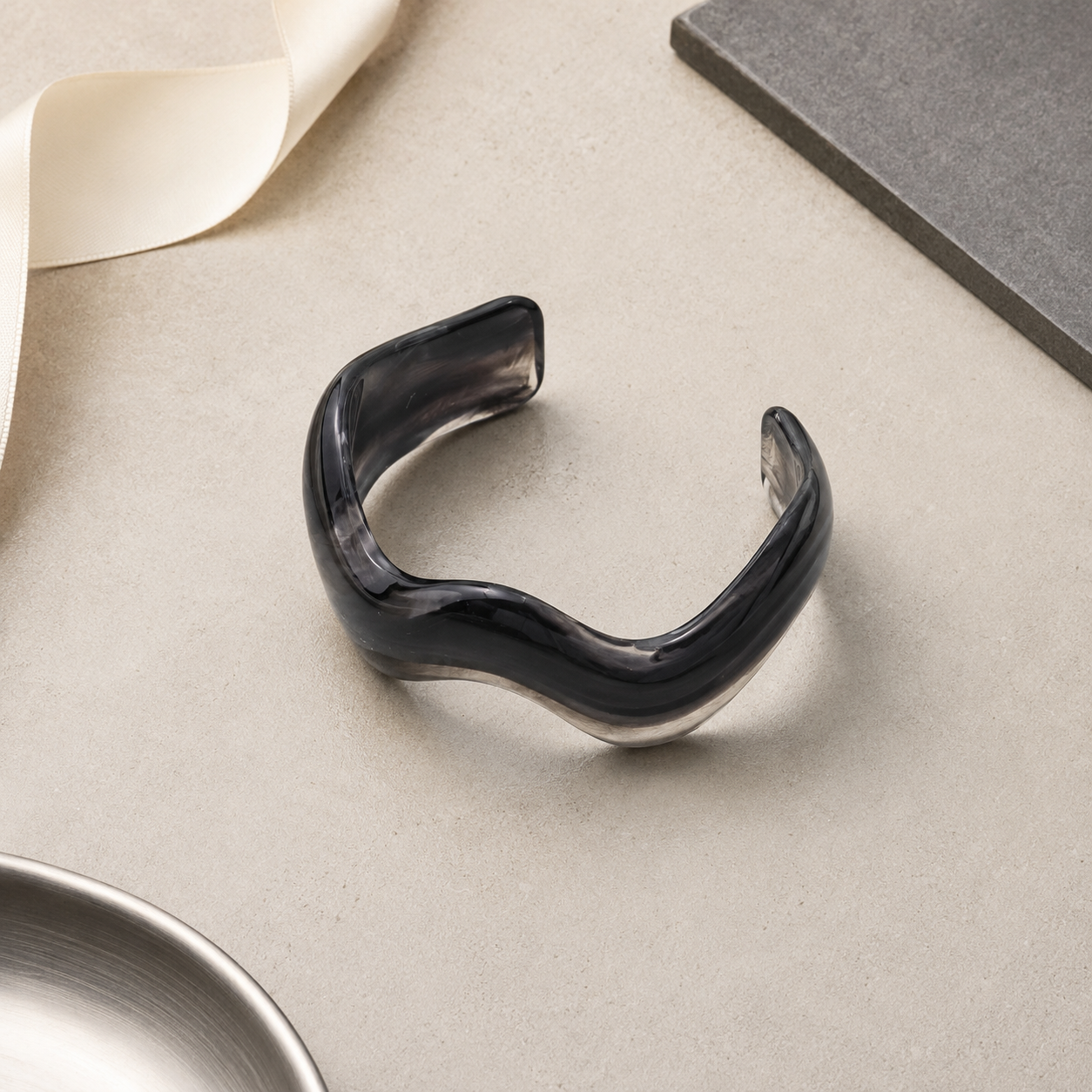 Black Marble Open Wave Resin Cuff Bracelet for Women