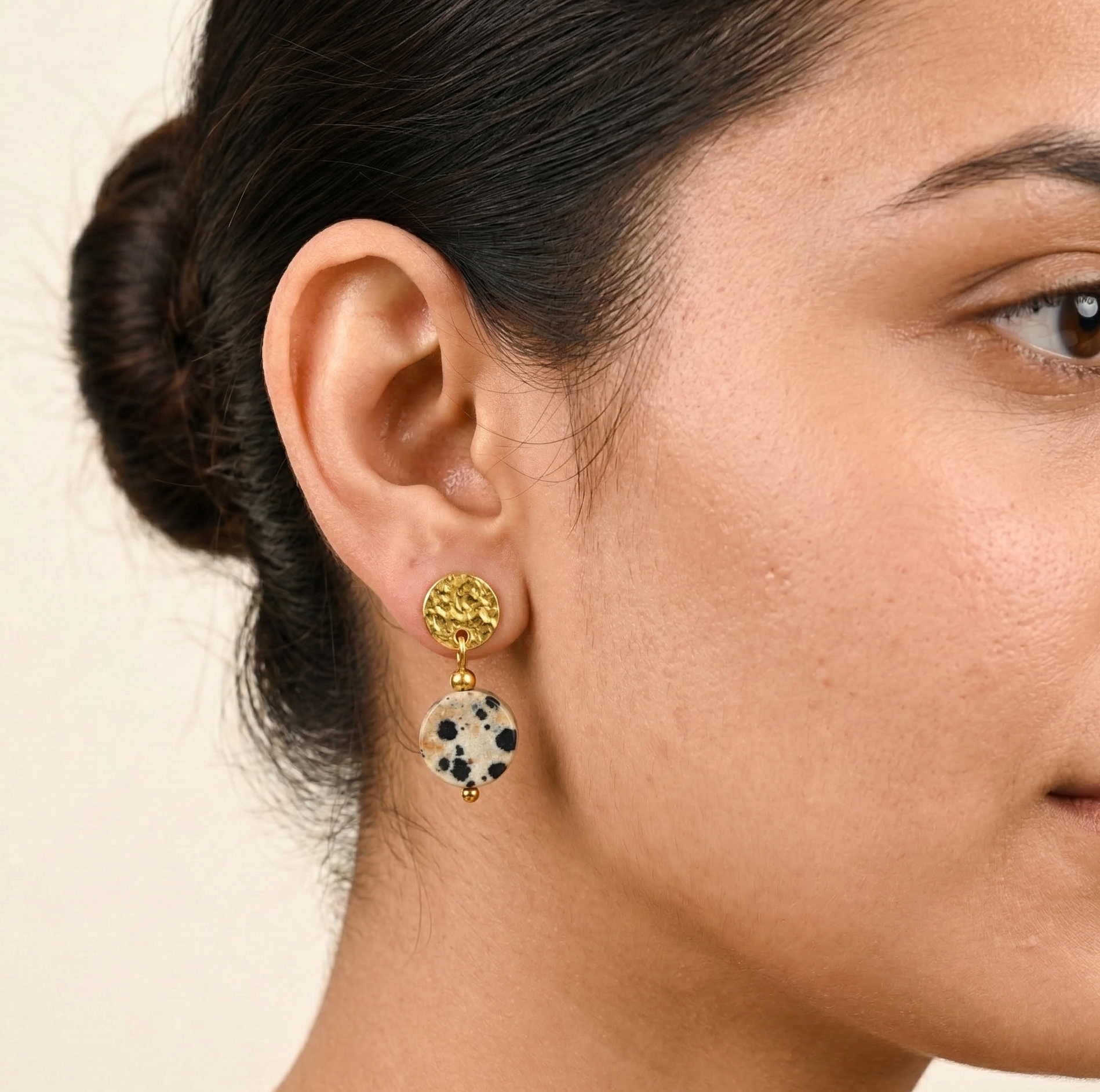 Dalmatian Jasper Drop Earrings Gold Tone Metal
