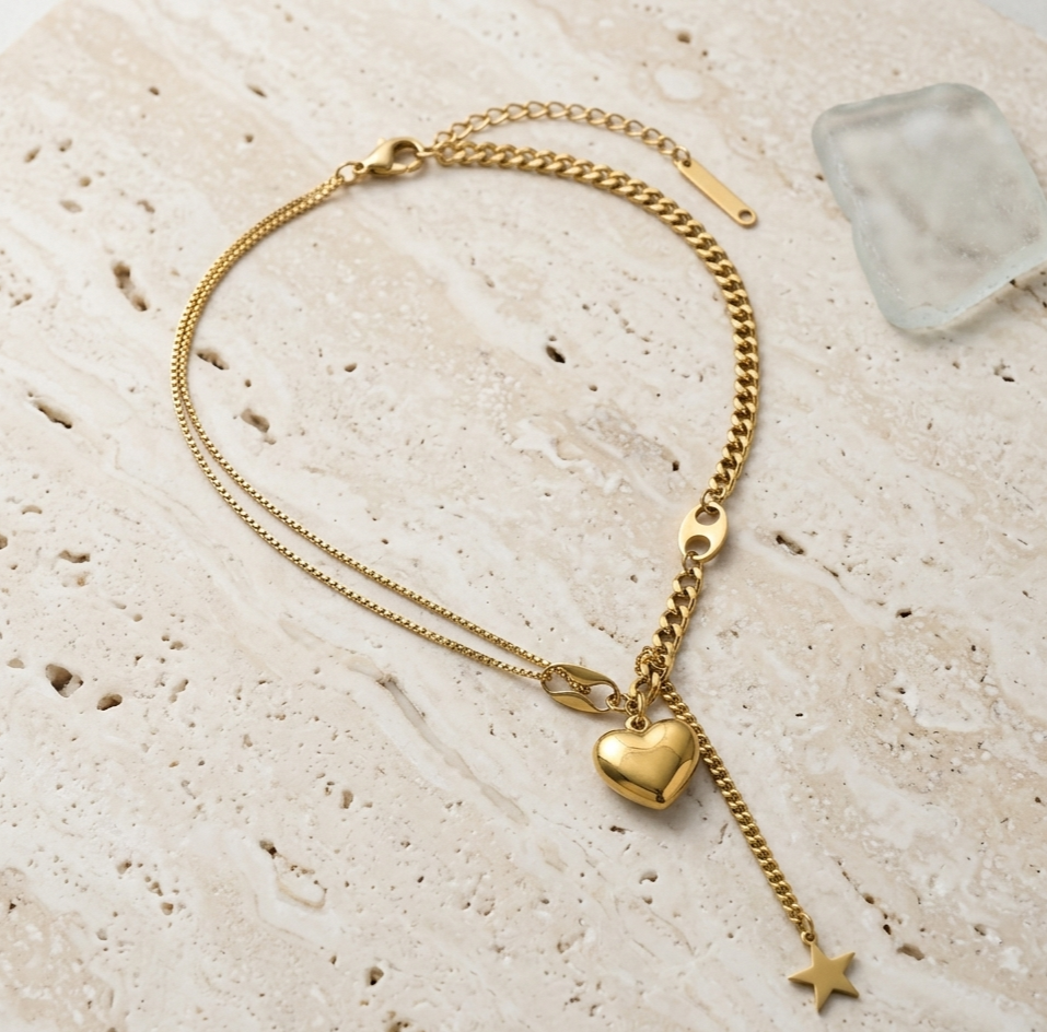 18K Gold Heart Charm Drop Necklace for Women – Layered Chain Pendant Necklace