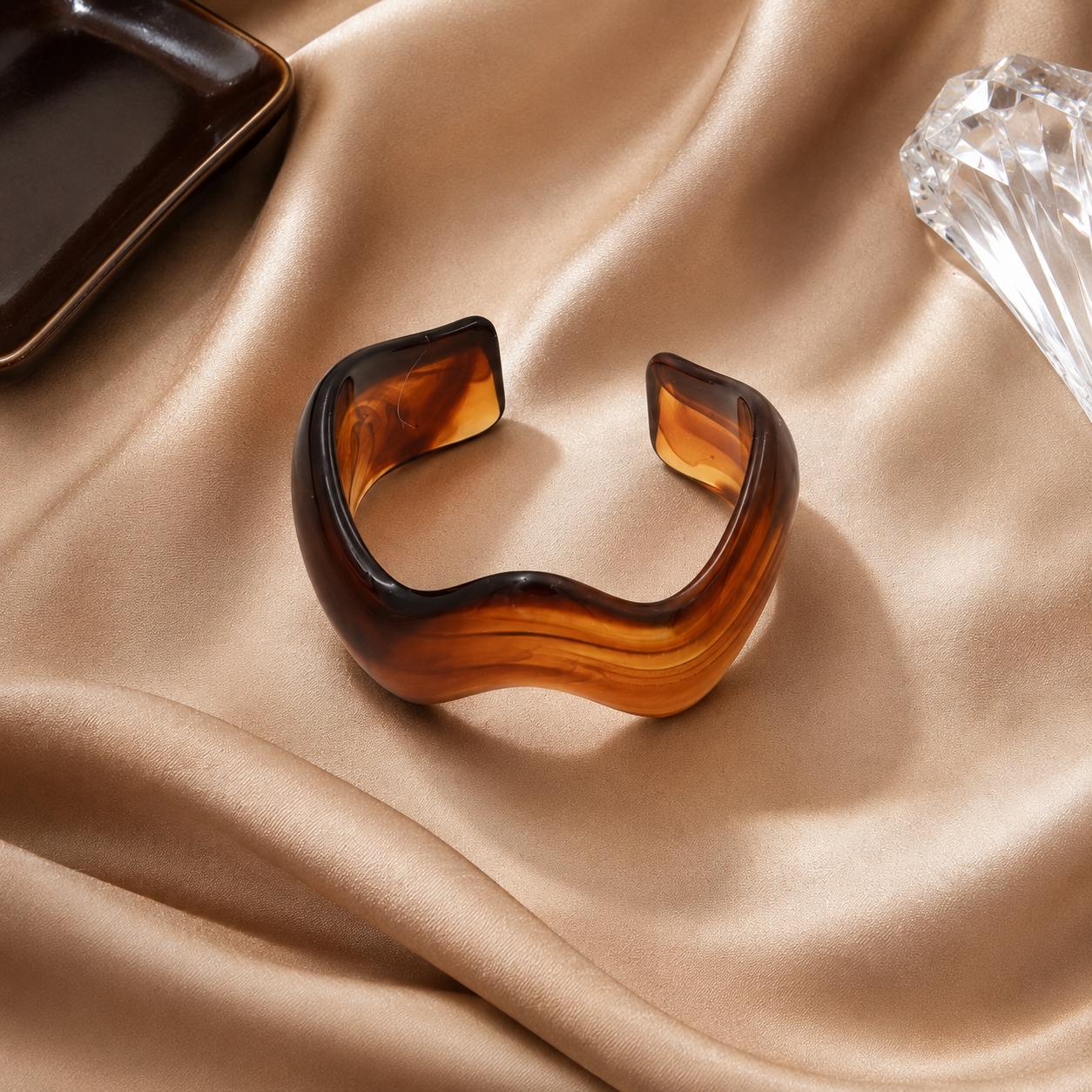 Brown Marble Wave Resin Open Cuff Bracelet for Women