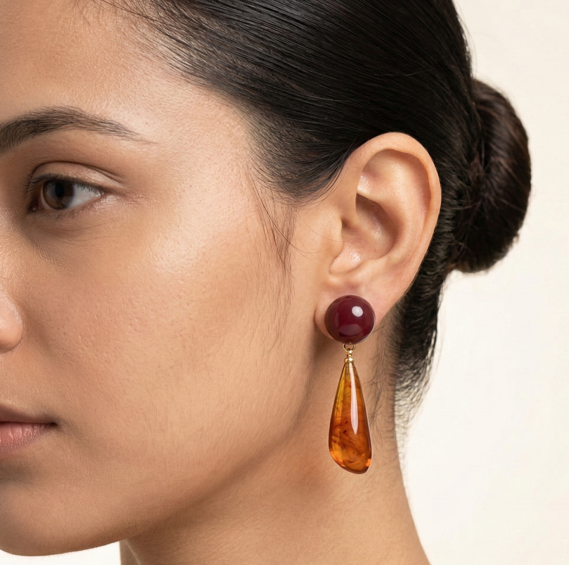 Amber Resin Teardrop Drop Earrings for Women in Wine Red and Gold Tone