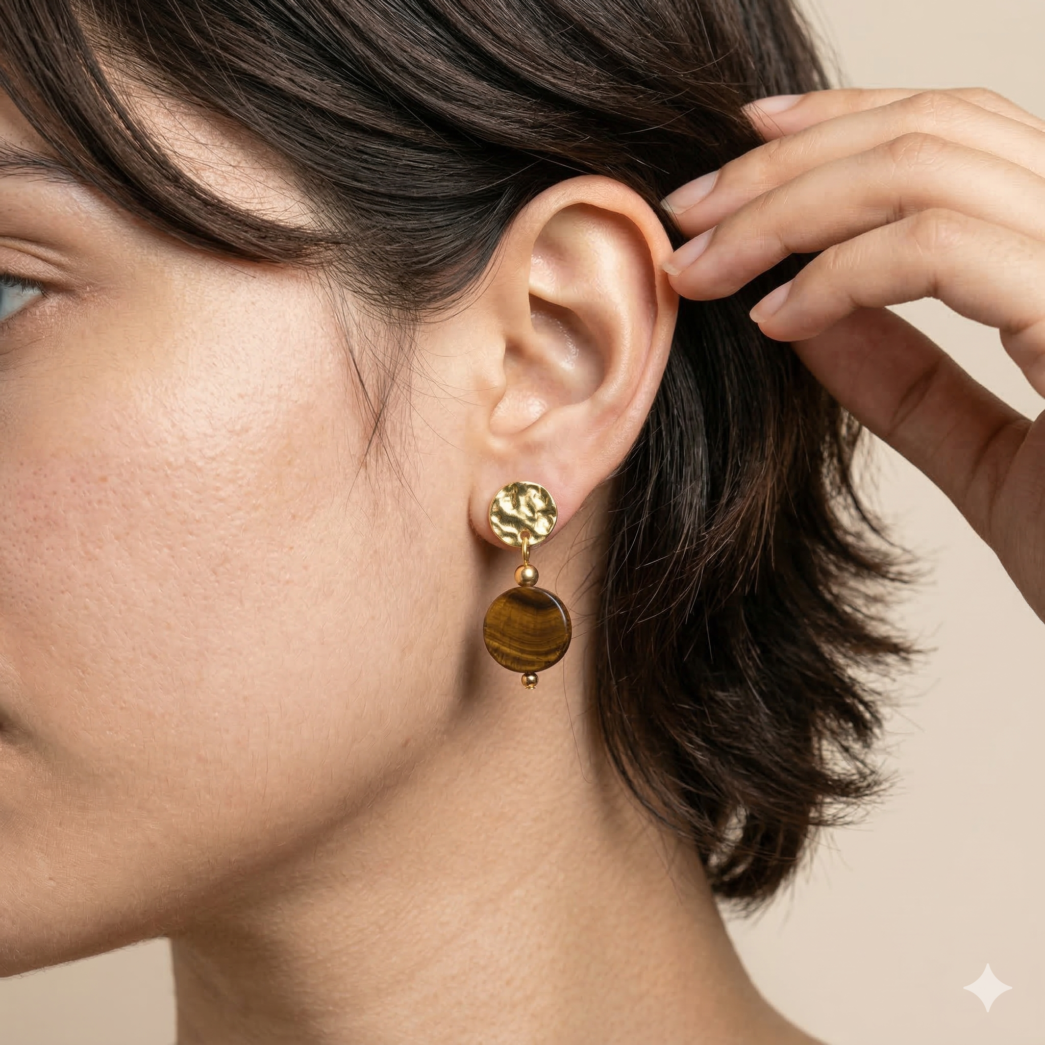 Tiger Eye Drop Earrings Gold Tone Brass
