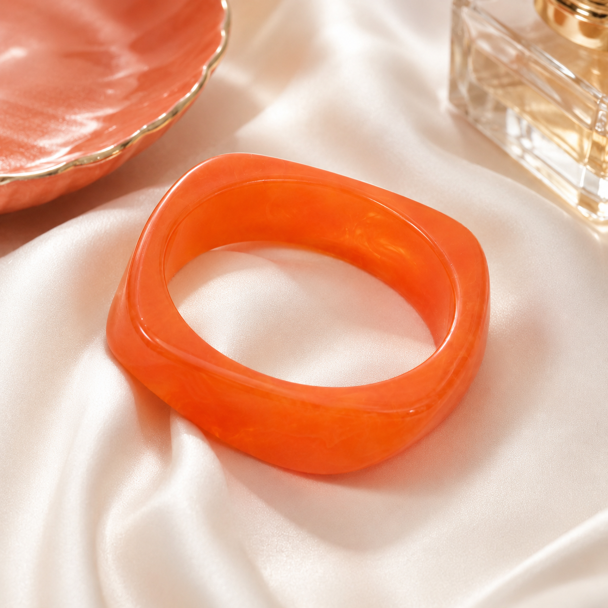 Coral Orange Geometric Resin Bangle Bracelet for Women