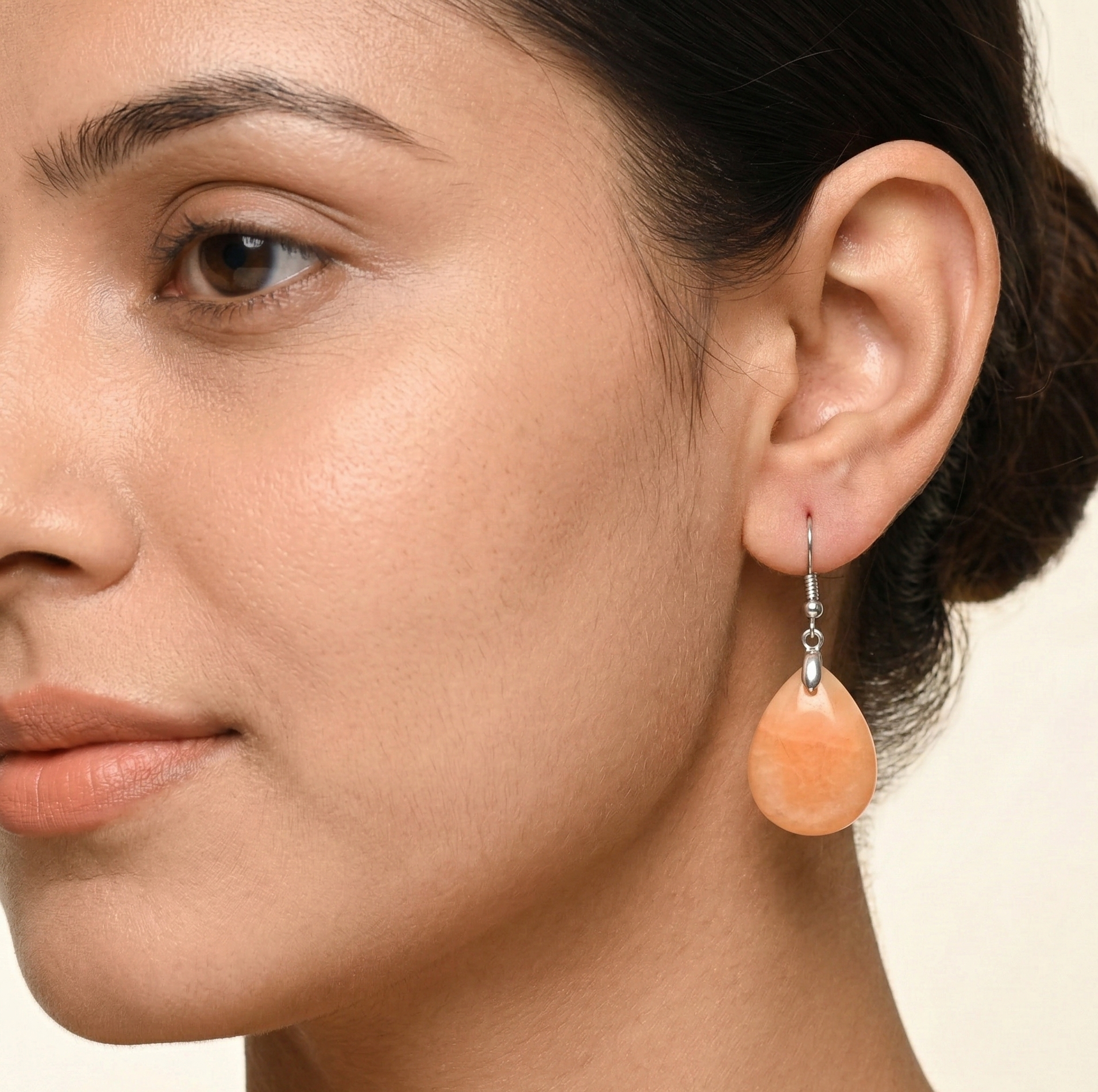 Peach Aventurine Drop Earrings Silver Tone Hook