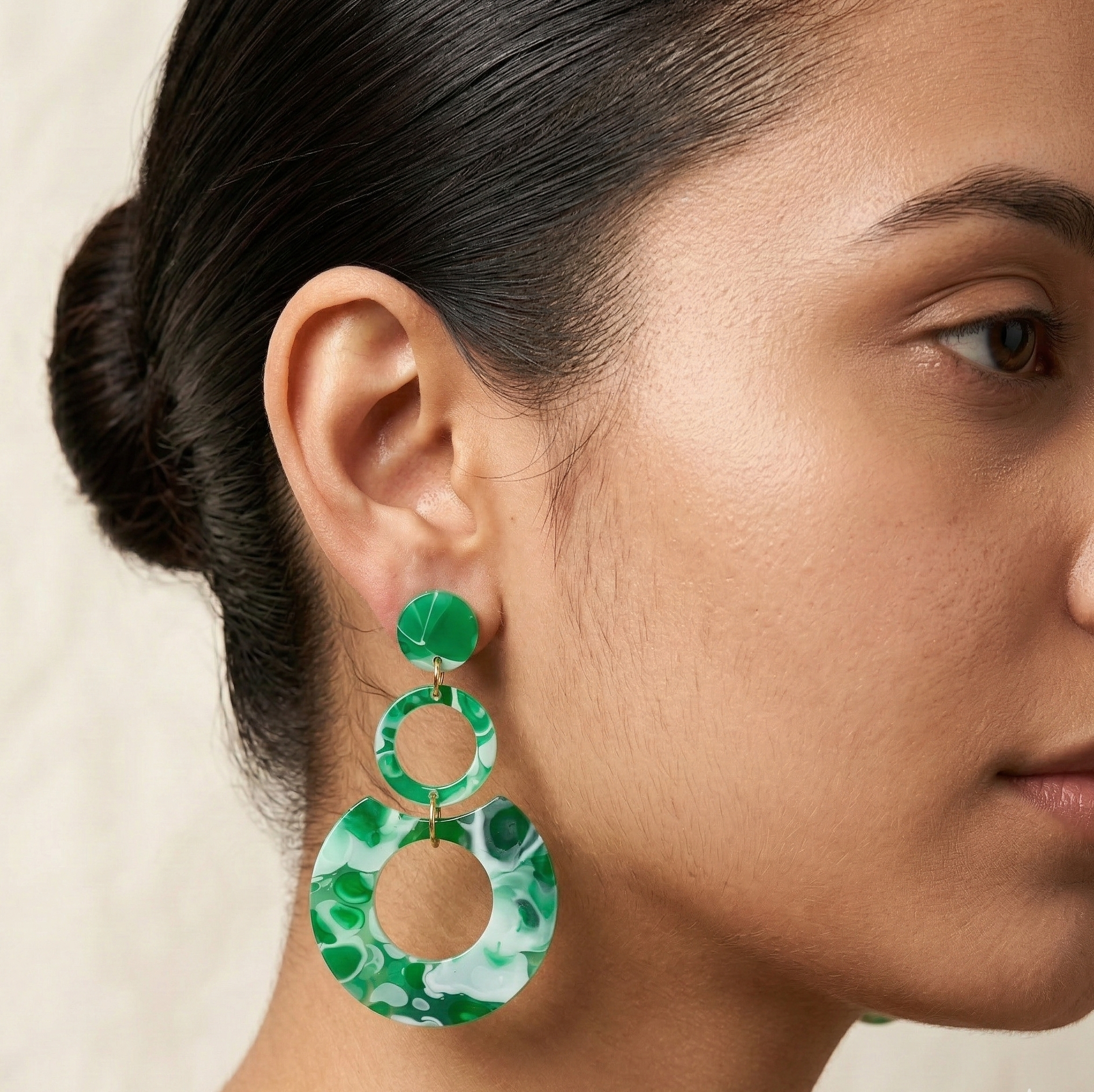Green Marble Resin Circle Drop Earrings Gold Tone Studs