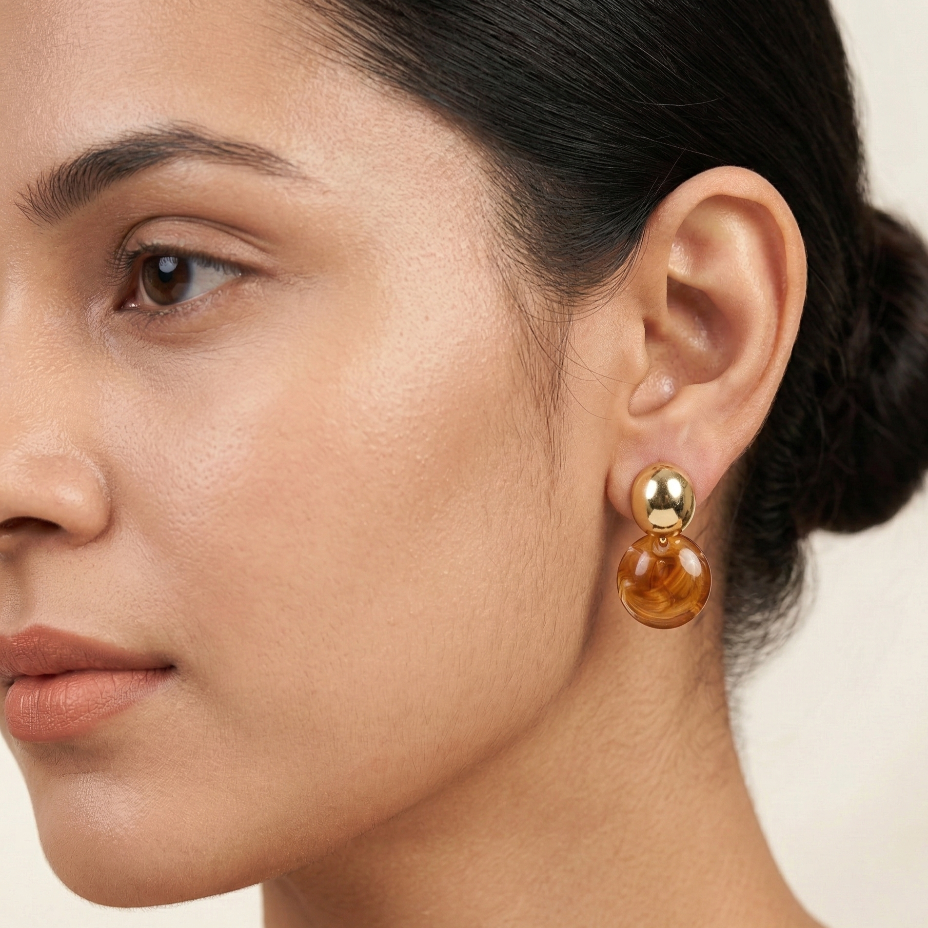 Amber Resin Disc Drop Earrings Gold Tone Studs
