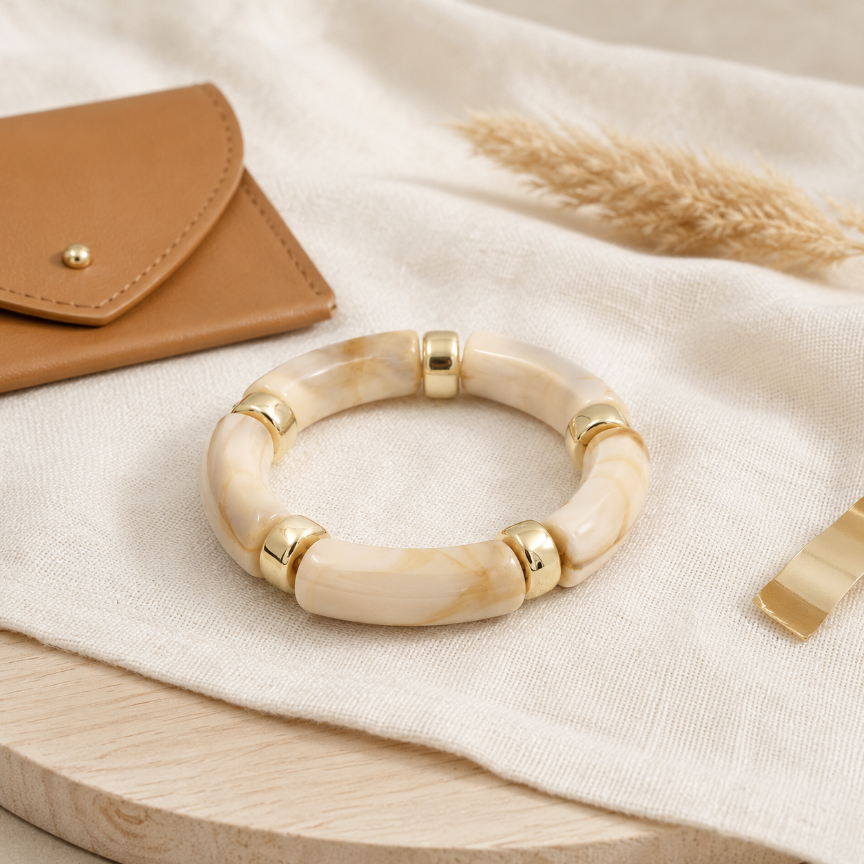 Cream Marble Acrylic Beaded Stretch Bracelet with Gold Accents for Women