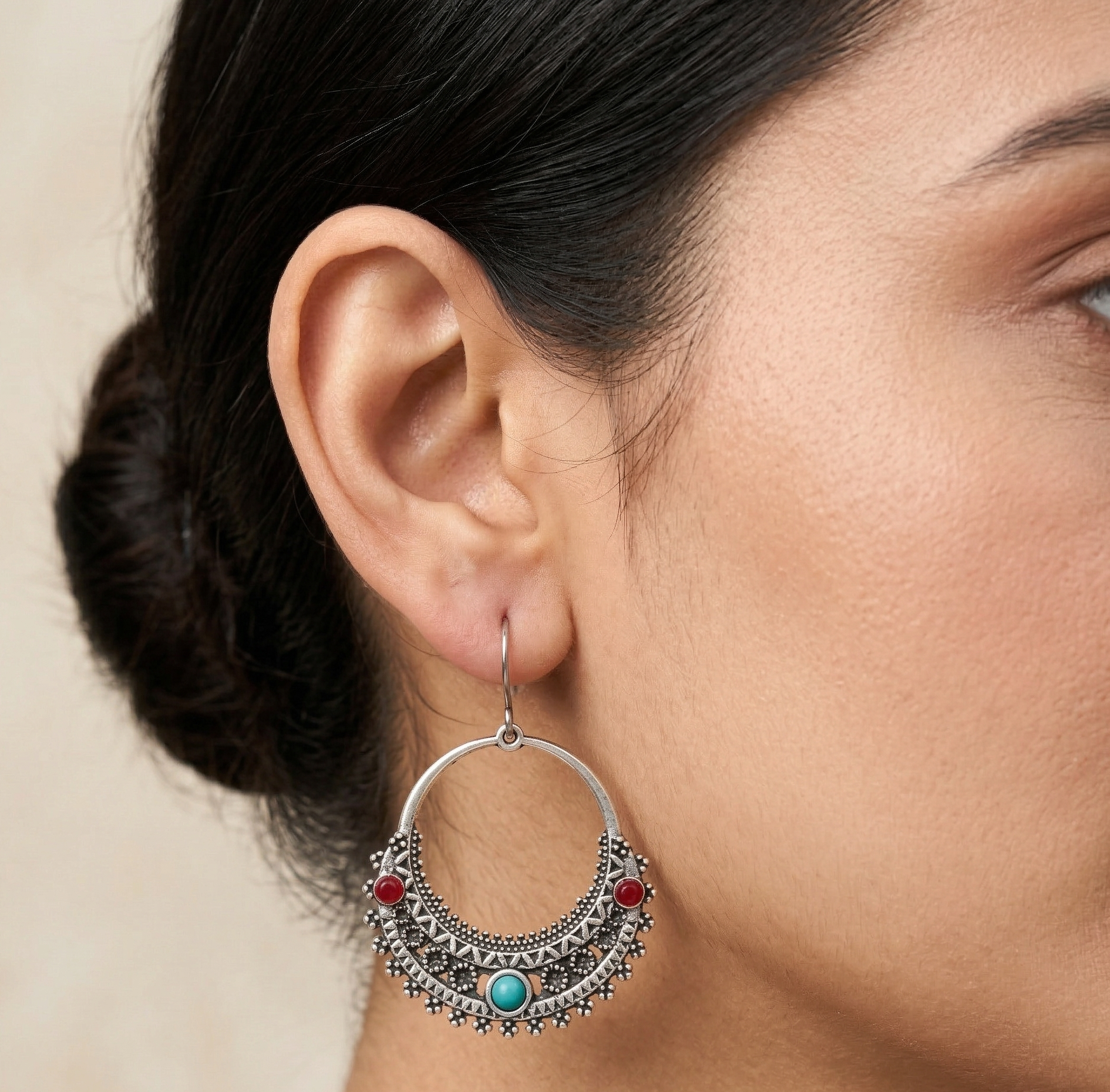 Bohemian Turquoise and Red Hoop Earrings Silver Tone Alloy