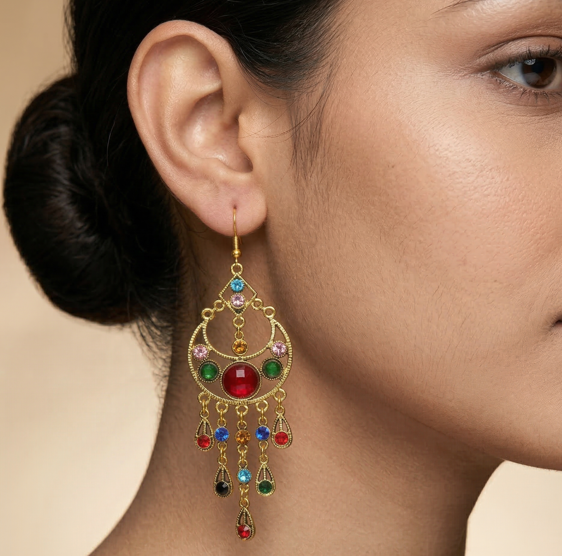 Bohemian Multicolor Stone Tassel Earrings Gold Tone Alloy