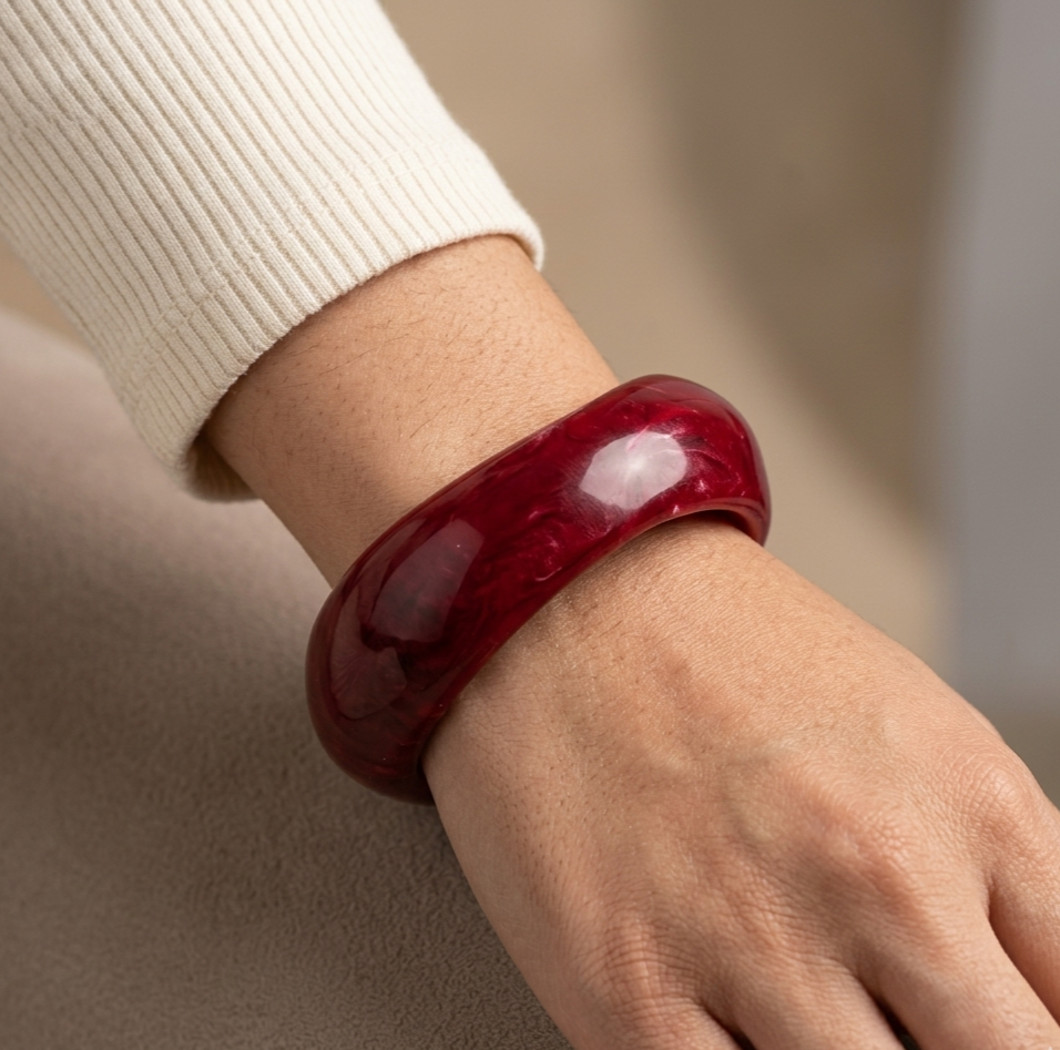 Red Irregular Geometric Resin Statement Bangle for Women
