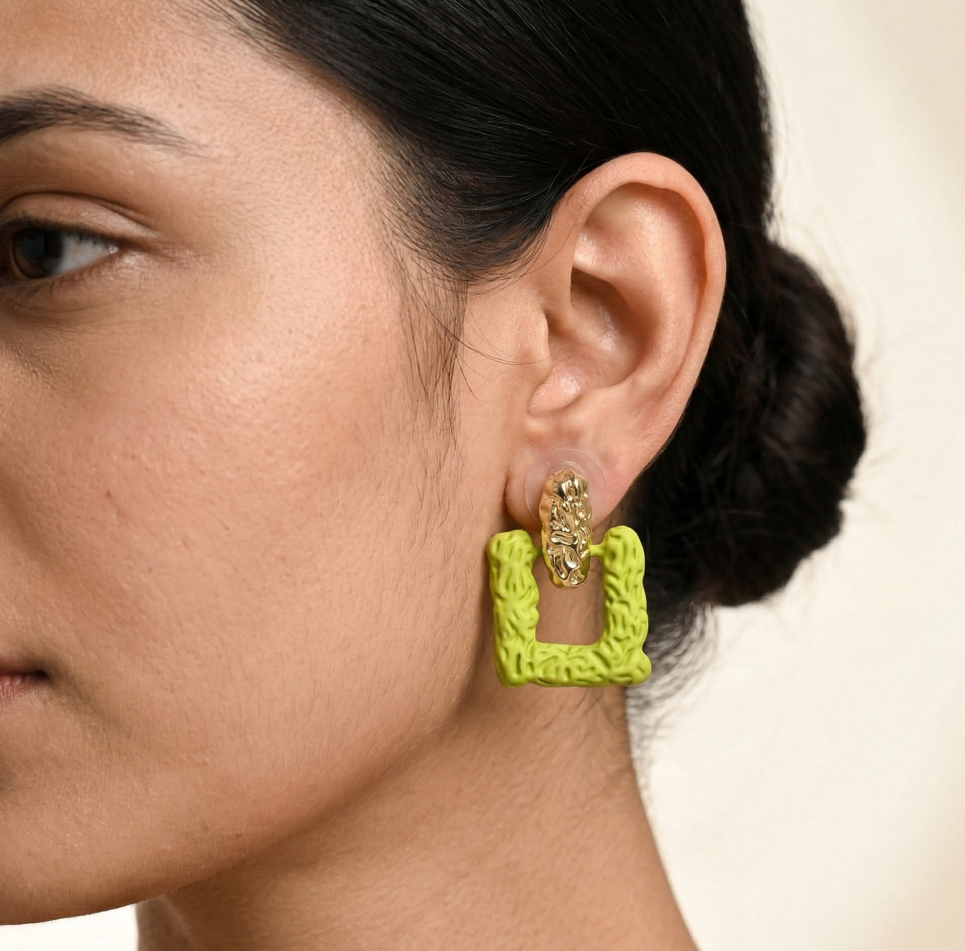 Lime Green Textured Square Drop Earrings Gold Plated Studs