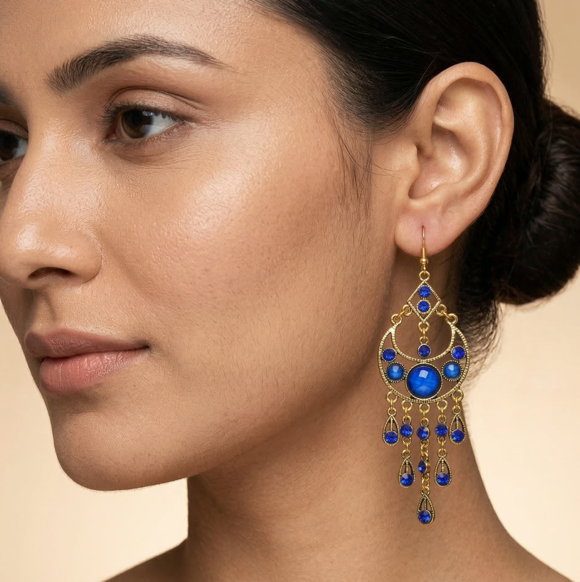 Bohemian Blue Stone Tassel Earrings Gold Tone Alloy