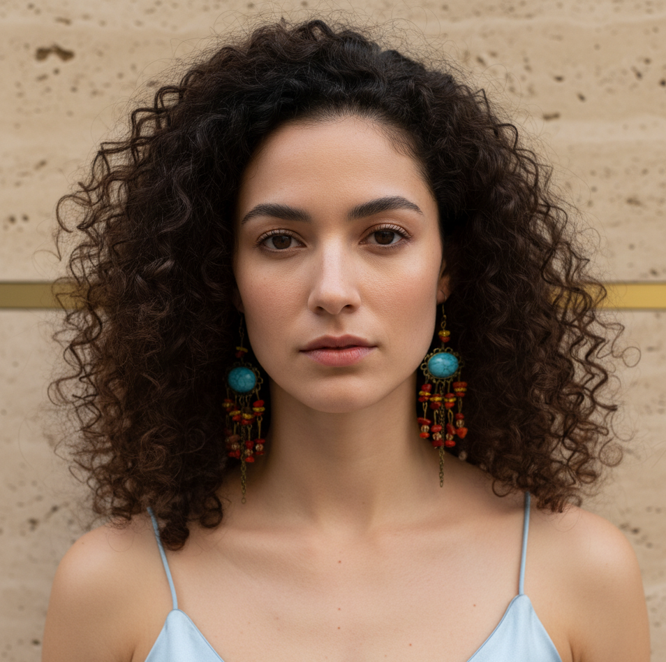 Vintage Turquoise and Red Tassel Drop Earrings