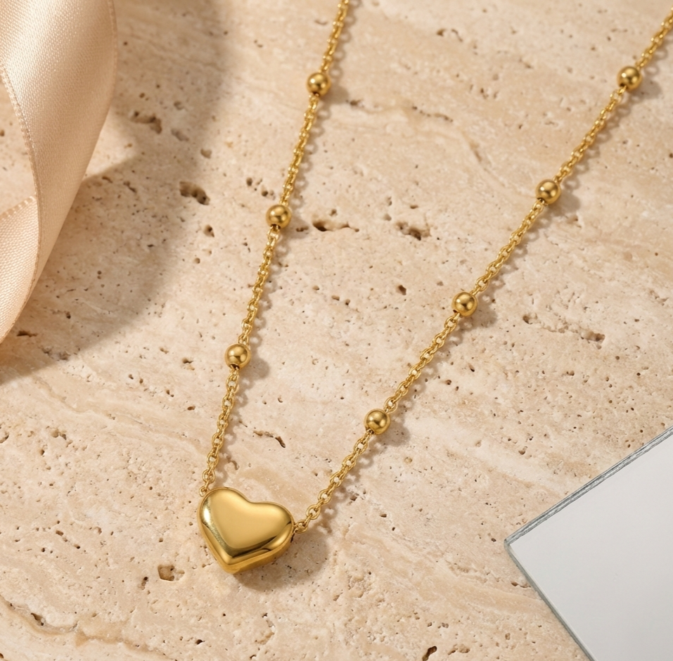 Gold Heart Bead Chain Necklace