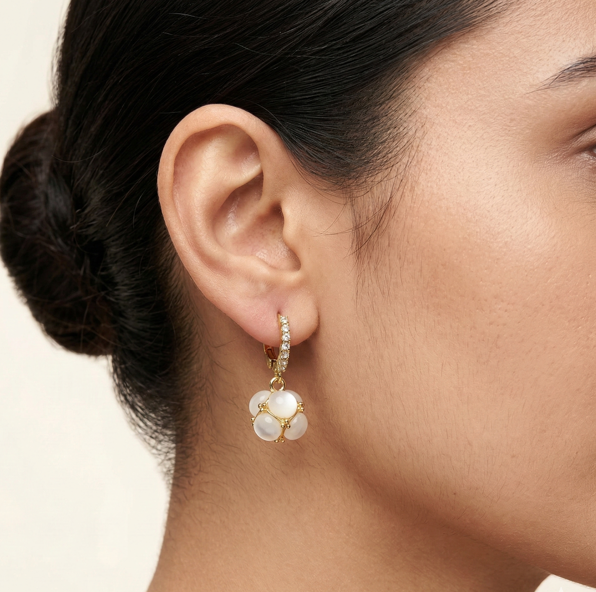 Cat Eye Stone Drop Earrings Gold Tone Crystal Hoop