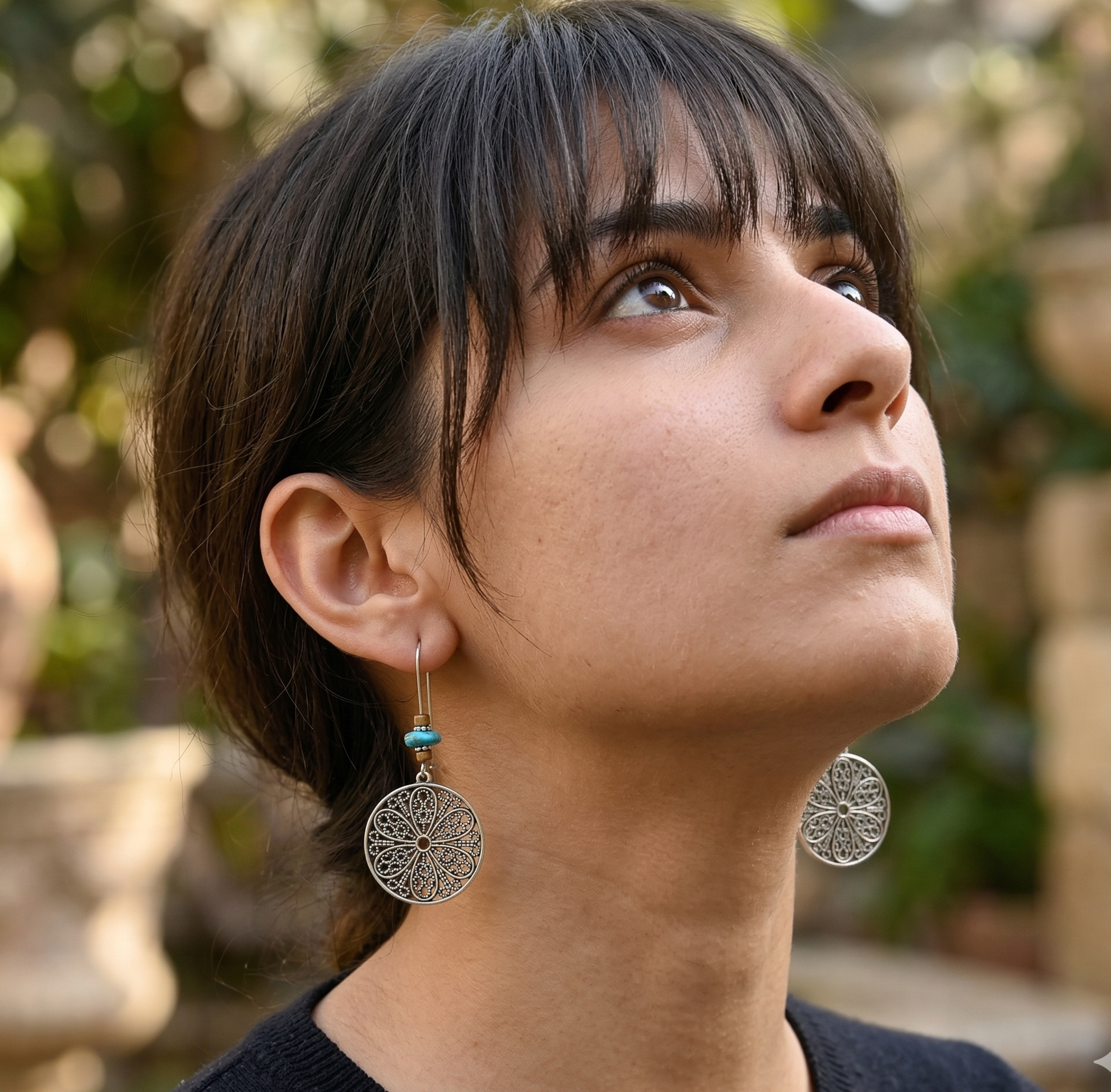 Bohemian Turquoise Flower Disc Earrings Silver Tone Alloy