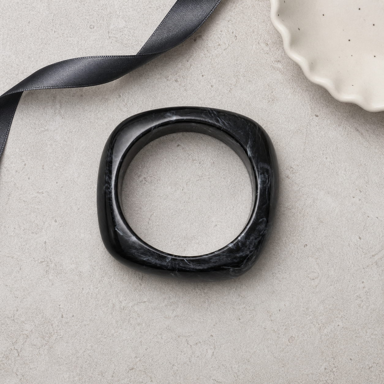 Black Marble Resin Square Bangle Bracelet for Women