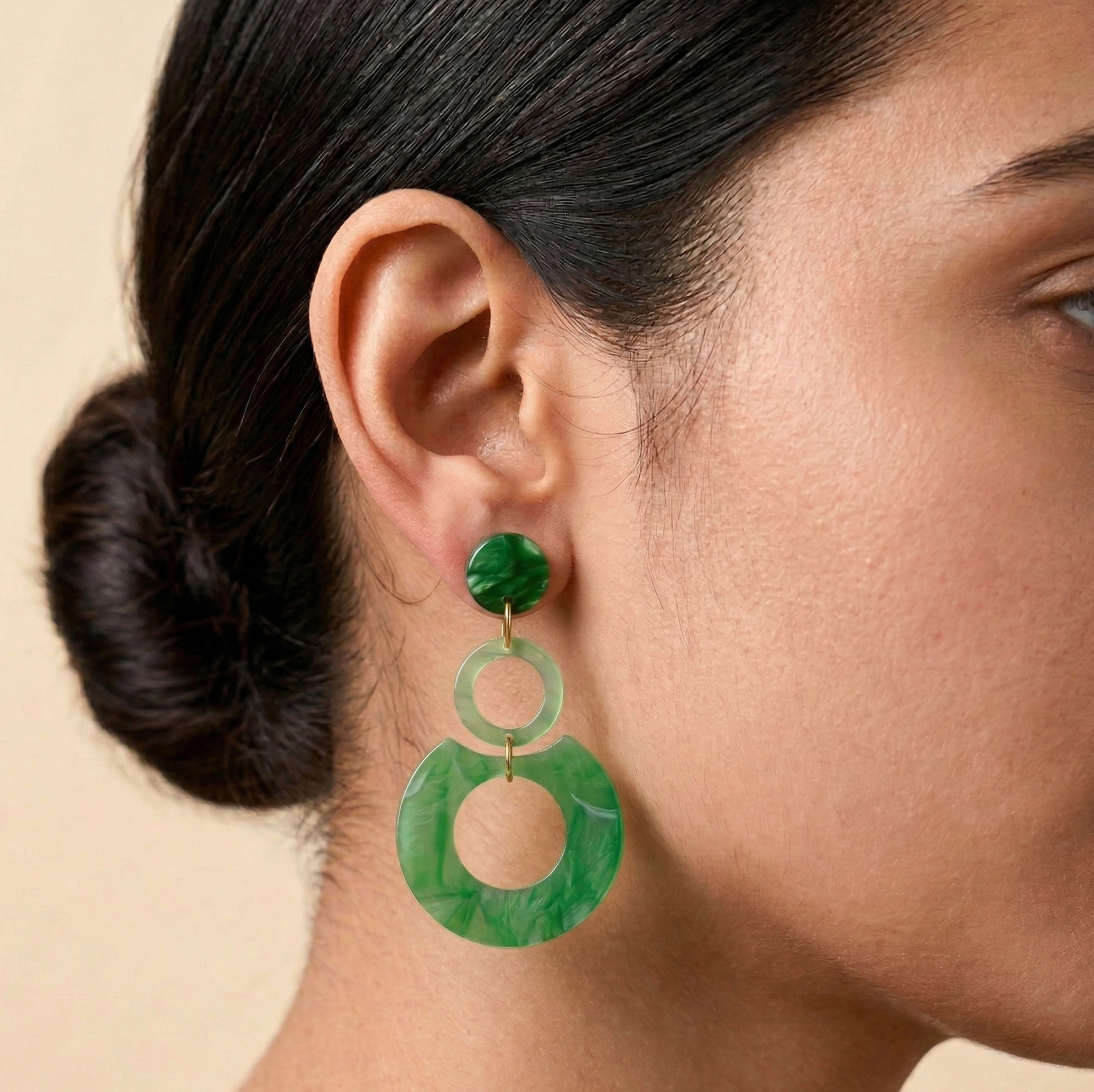 Green Abstract Resin Circle Drop Earrings Gold Tone Studs