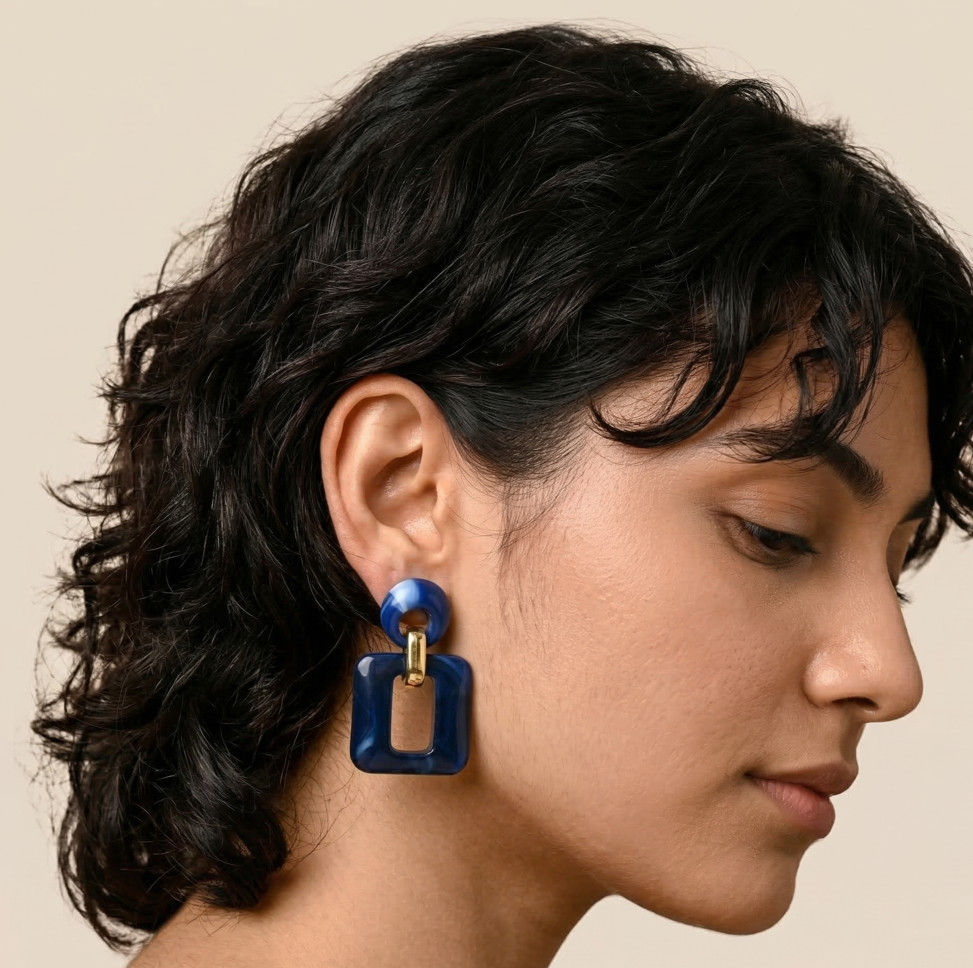 Navy Blue Resin Square Drop Earrings Gold Tone Detail