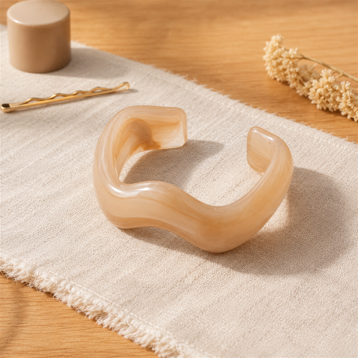 Beige Marble Wave Resin Open Cuff Bracelet for Women