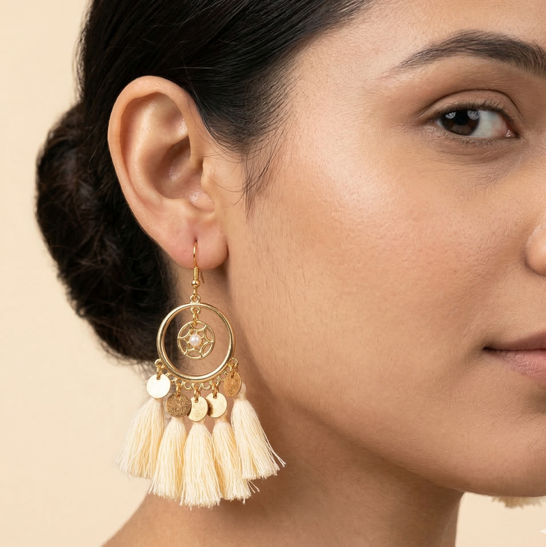 Bohemian Tassel Circle Drop Earrings Gold Tone Alloy
