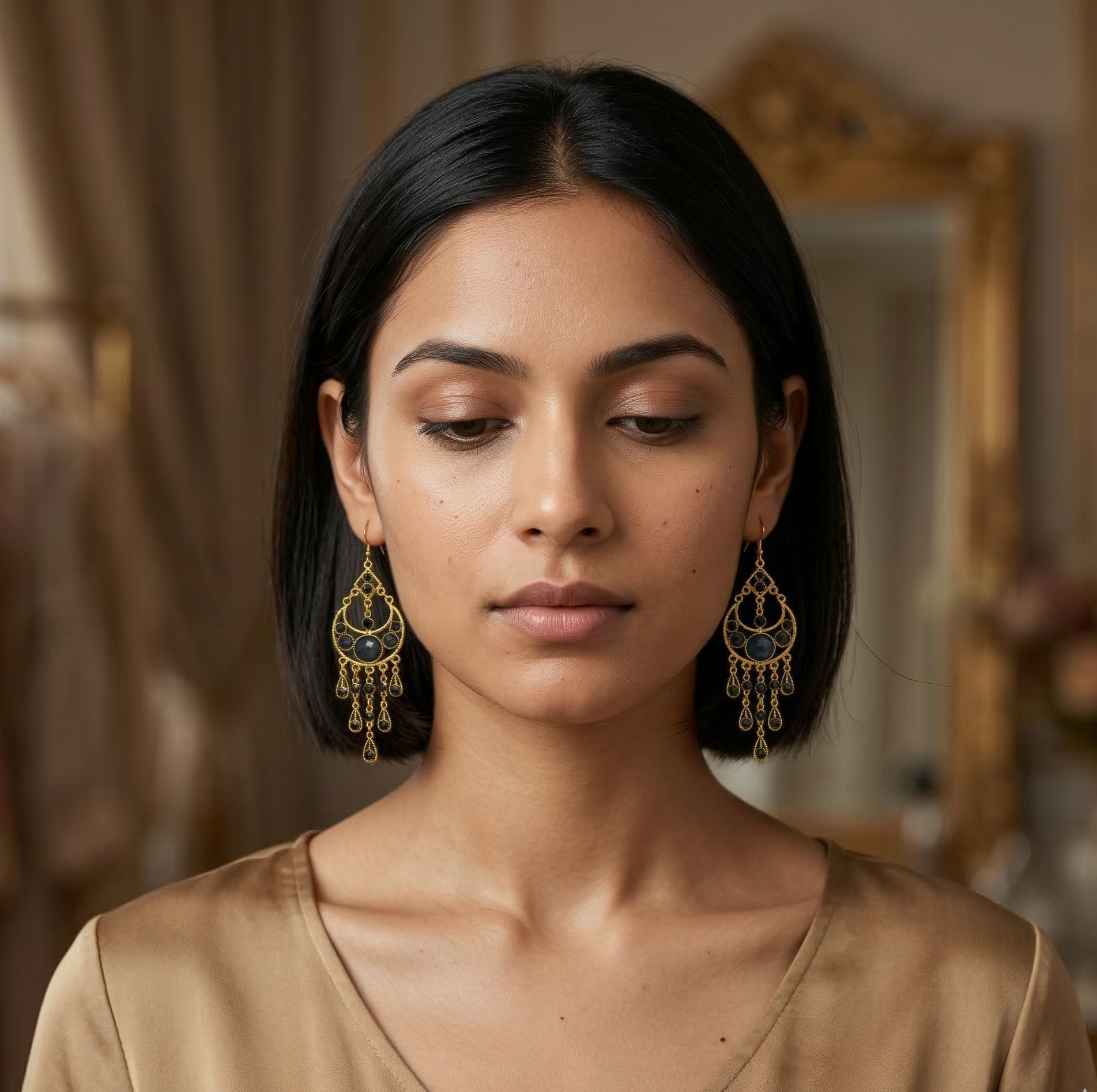 Bohemian Dark Stone Tassel Earrings Gold Tone Alloy