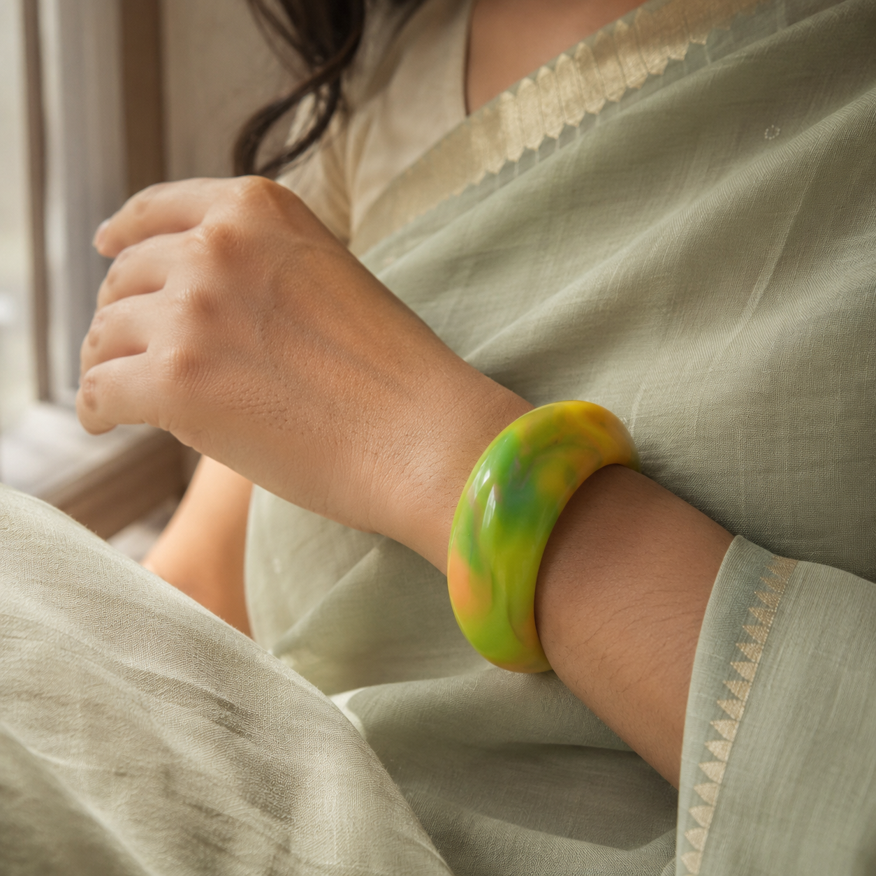 Yellow Green Marbled Resin Chunky Bangle Bracelet for Women