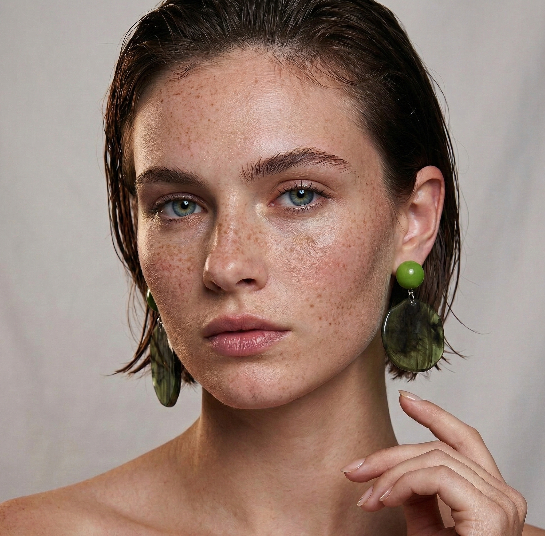 Translucent Green Disc Drop Earrings Silver Tone Detail