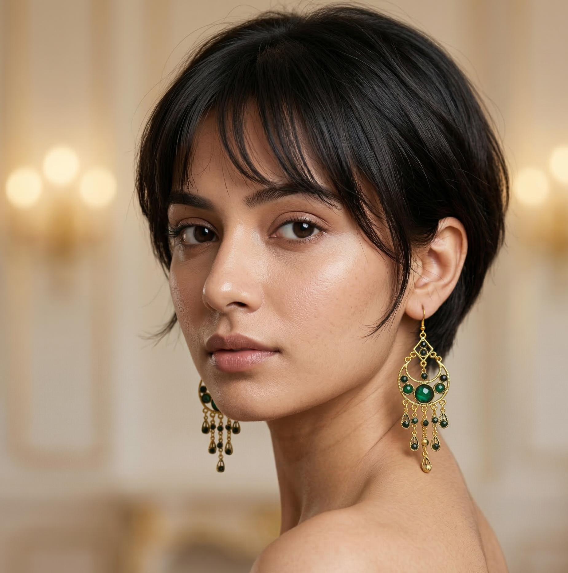 Bohemian Green Stone Tassel Earrings Gold Tone Alloy