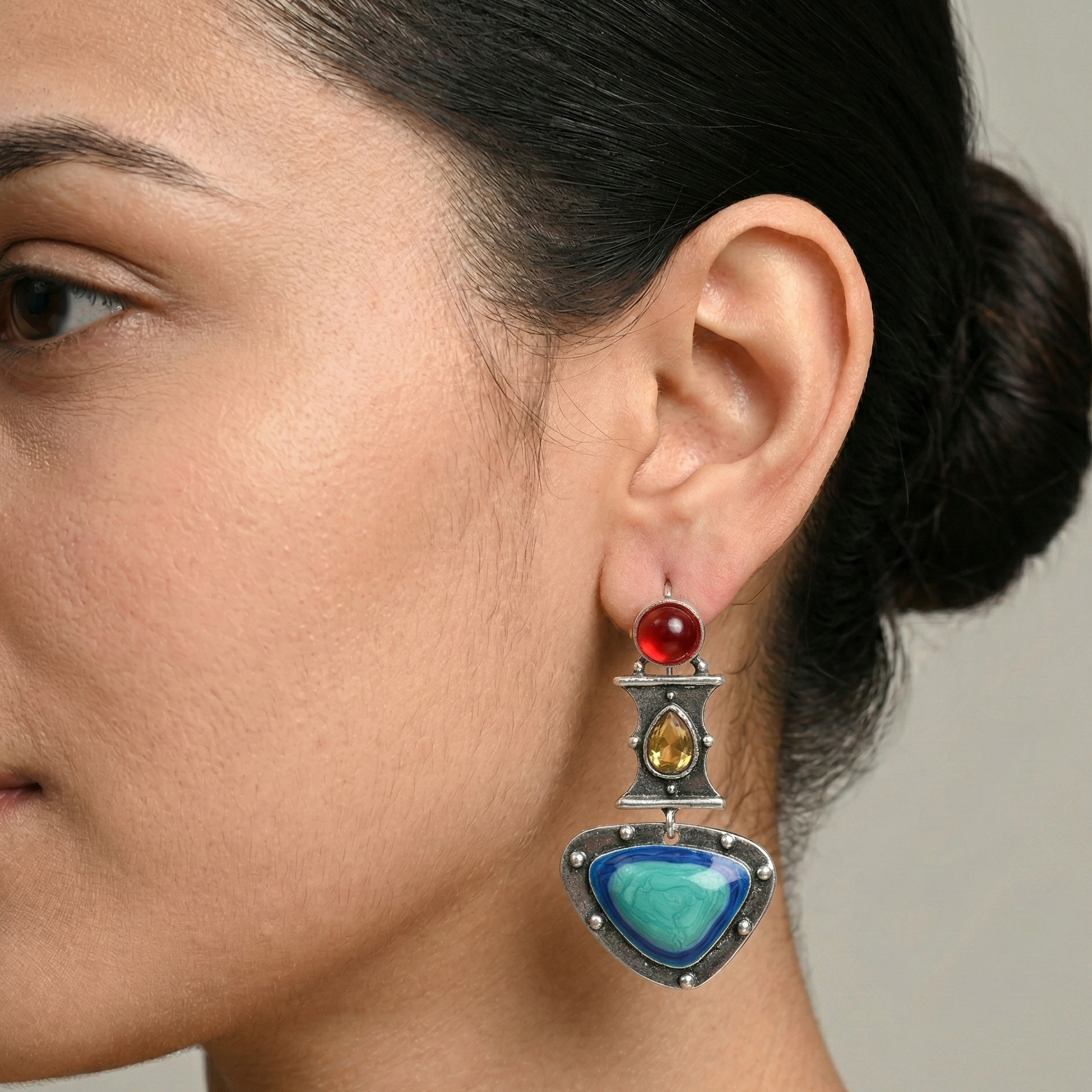Blue Turquoise Drop Earrings Silver Tone